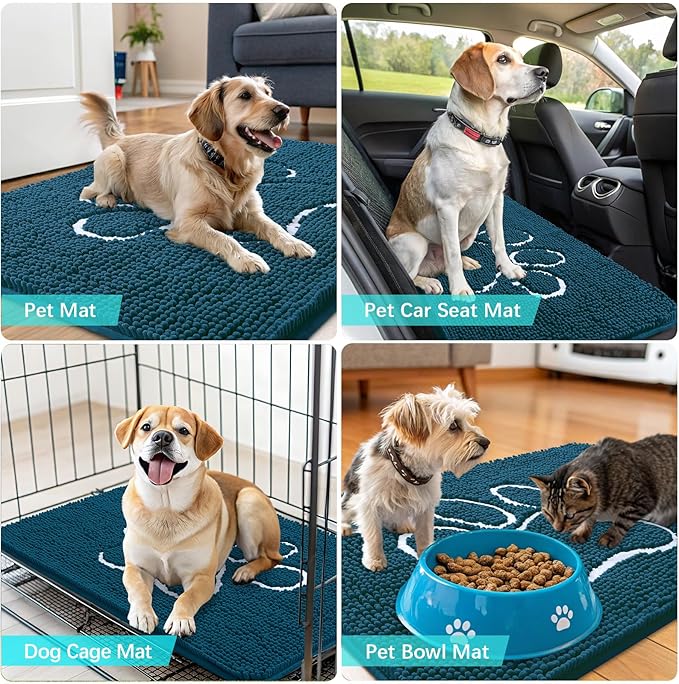 OLANLY Door Mat for Muddy Dog Paws 70x46, Absorbent Chenille Mud Doormat with Paw Print Design, Non-Slip Washable Doormat for Indoor Entryway, Quick-Dry Pet Bed Mats for Dirty Dogs, Atlantic Blue