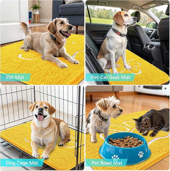 OLANLY Door Mat for Muddy Dog Paws 48x30, Ultra Absorbent Chenille Mud Doormat with Paw Print Design, Non-Slip Washable Doormat for Indoor Entryway, Quick-Dry Pet Bed Mats for Dirty Dogs, Yellow