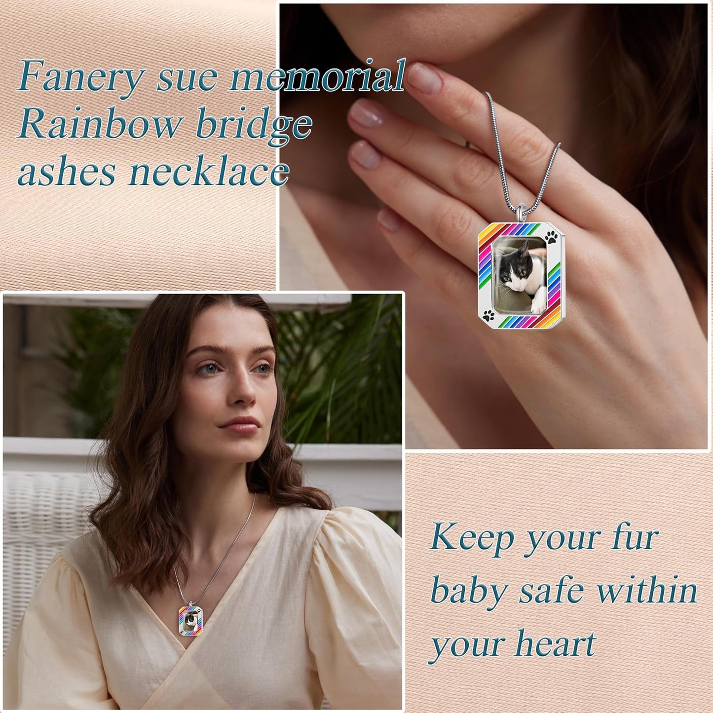 Fanery Sue Personalized Pet Ashes Necklace for Dog Cat Custom Photo&Text Pet Loss Sympathy Gift Cremation Jewelry