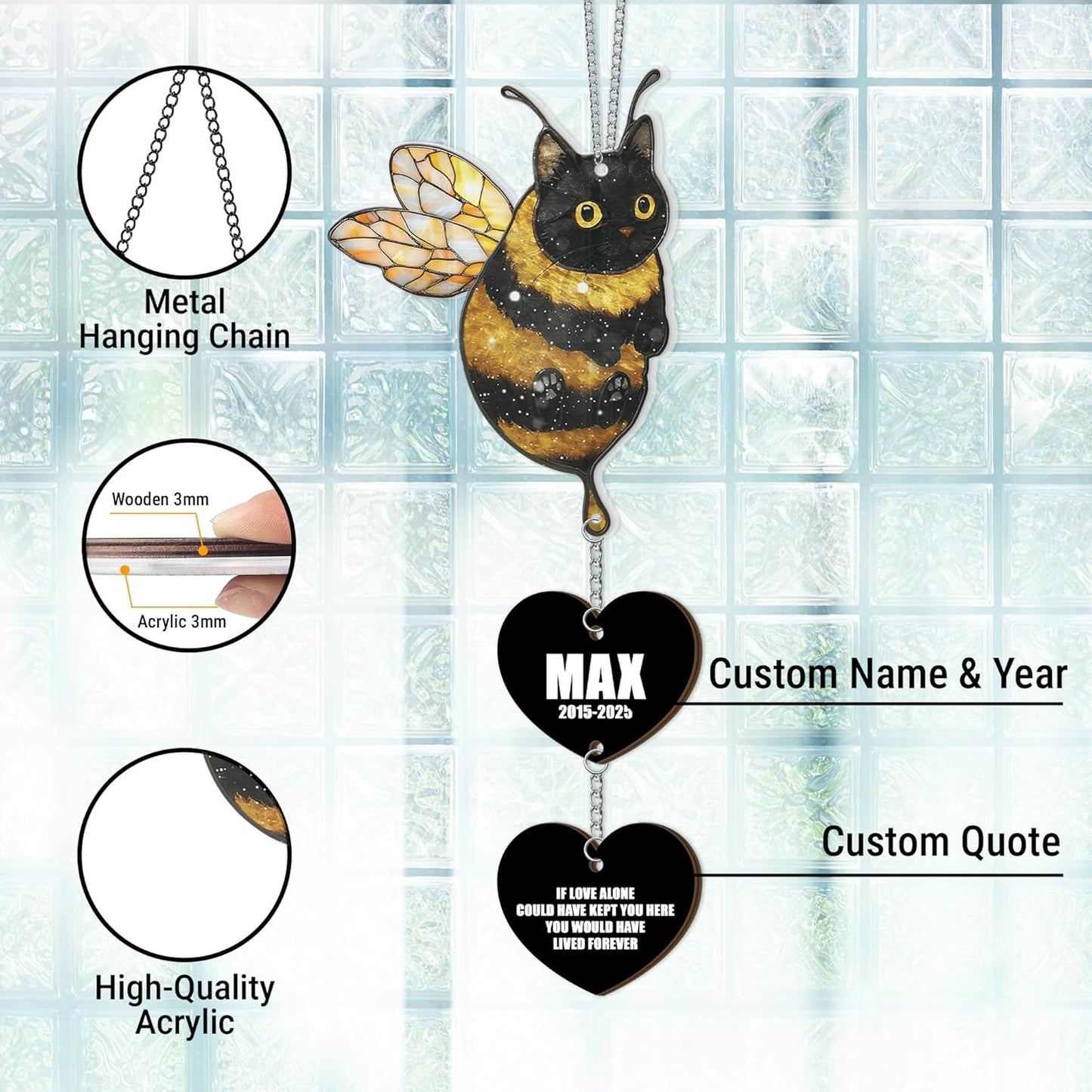 Custom Black Cat Bumble Bee Acrylic Suncatcher |Cat Loss Sympathy Gift | Customized Pet Memorial Suncatcher with Charms | Custom Pet Memorial Gifts| Best Gifts for Your Beloved Cats Passed Away