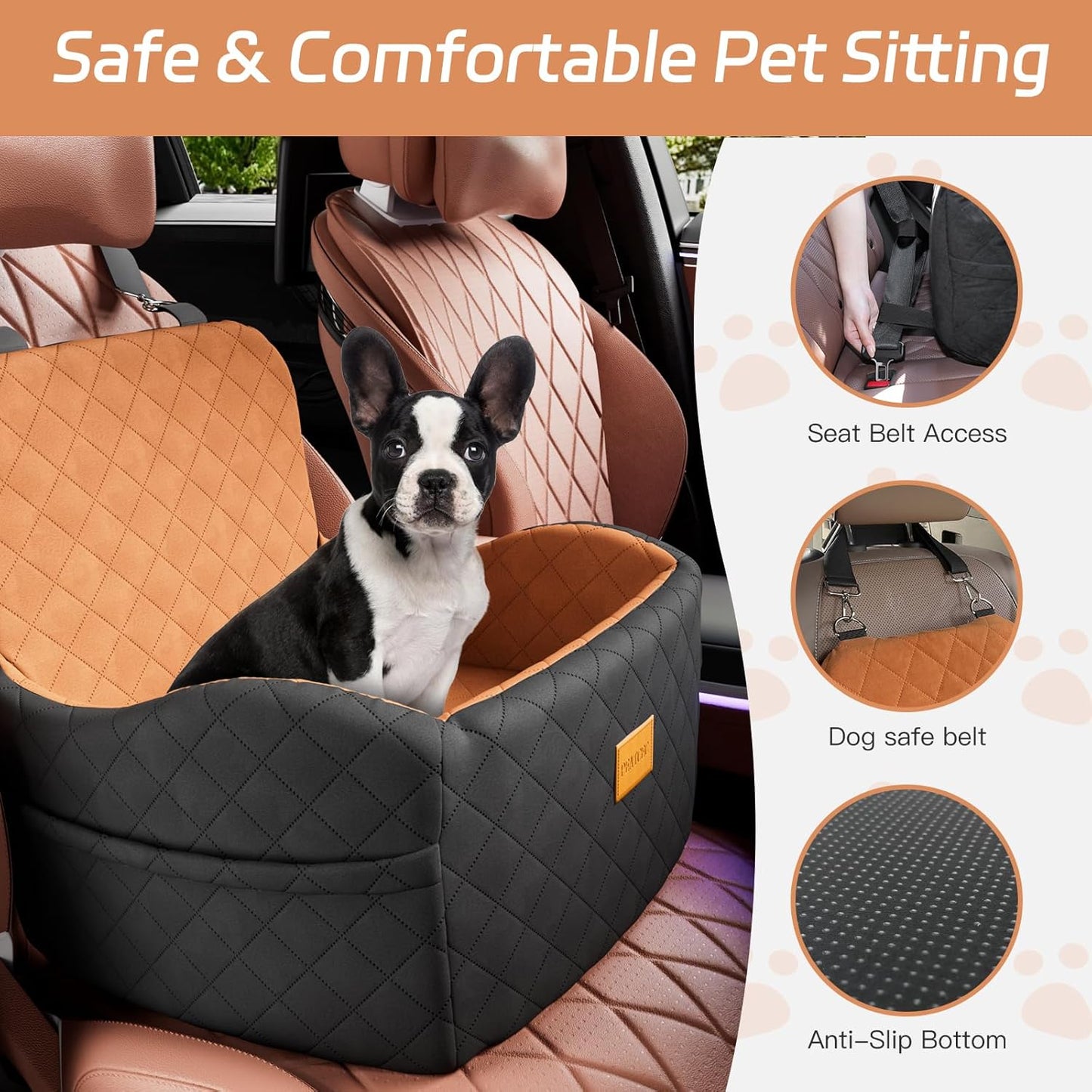 Dog Car Seat for Small/Medium Dogs Under 35lbs, Detachable & Washable Elevated Pet Travel Bed, 2 Storage Pockets & Safety Belt, Anti-Slip Base, Dog Booster Car Seat with Seamless Bottom Design