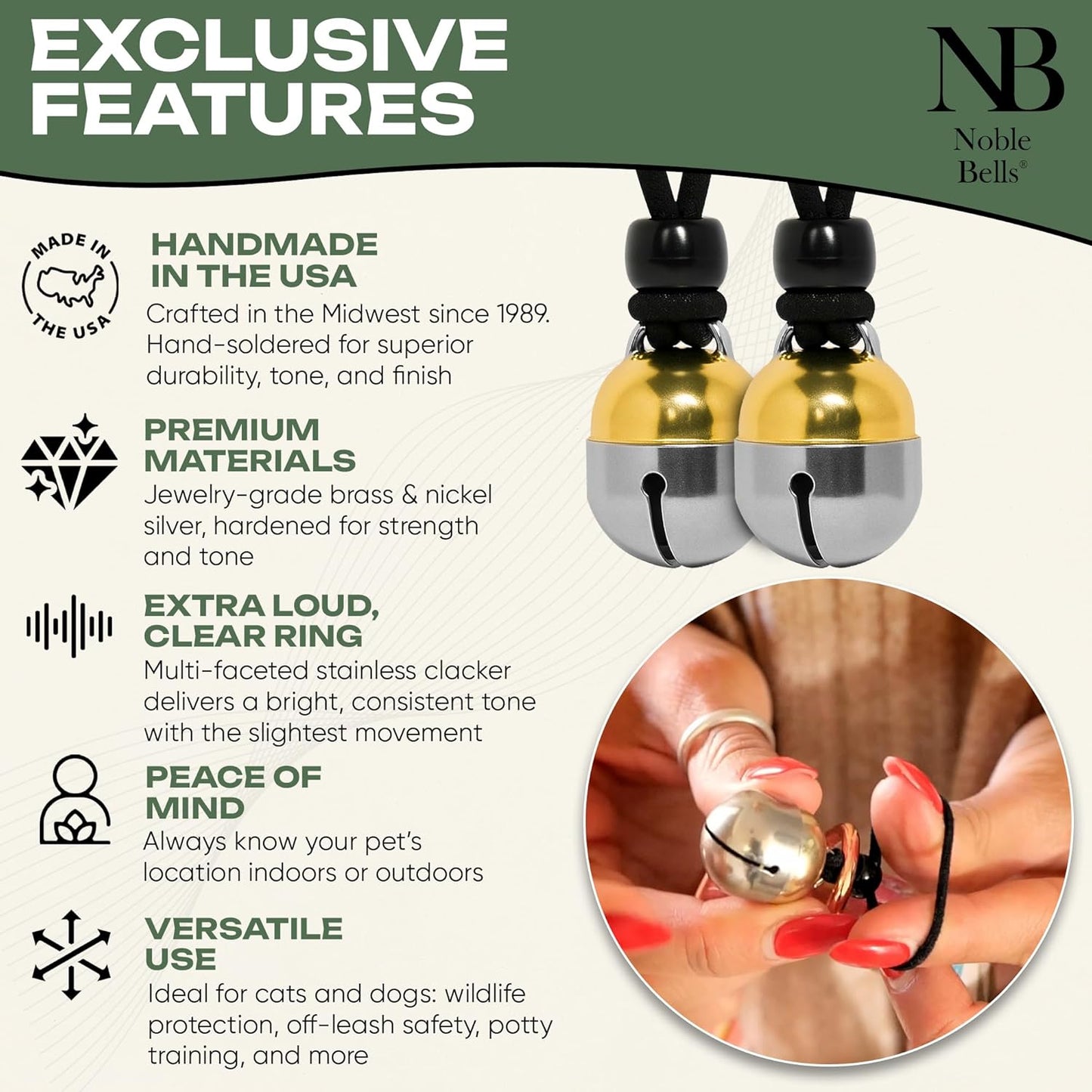 Noble Bells, Pair - Handmade in USA, Extra Loud Collar Bells for Cats and Dogs, Premium Brass and Nickel Silver