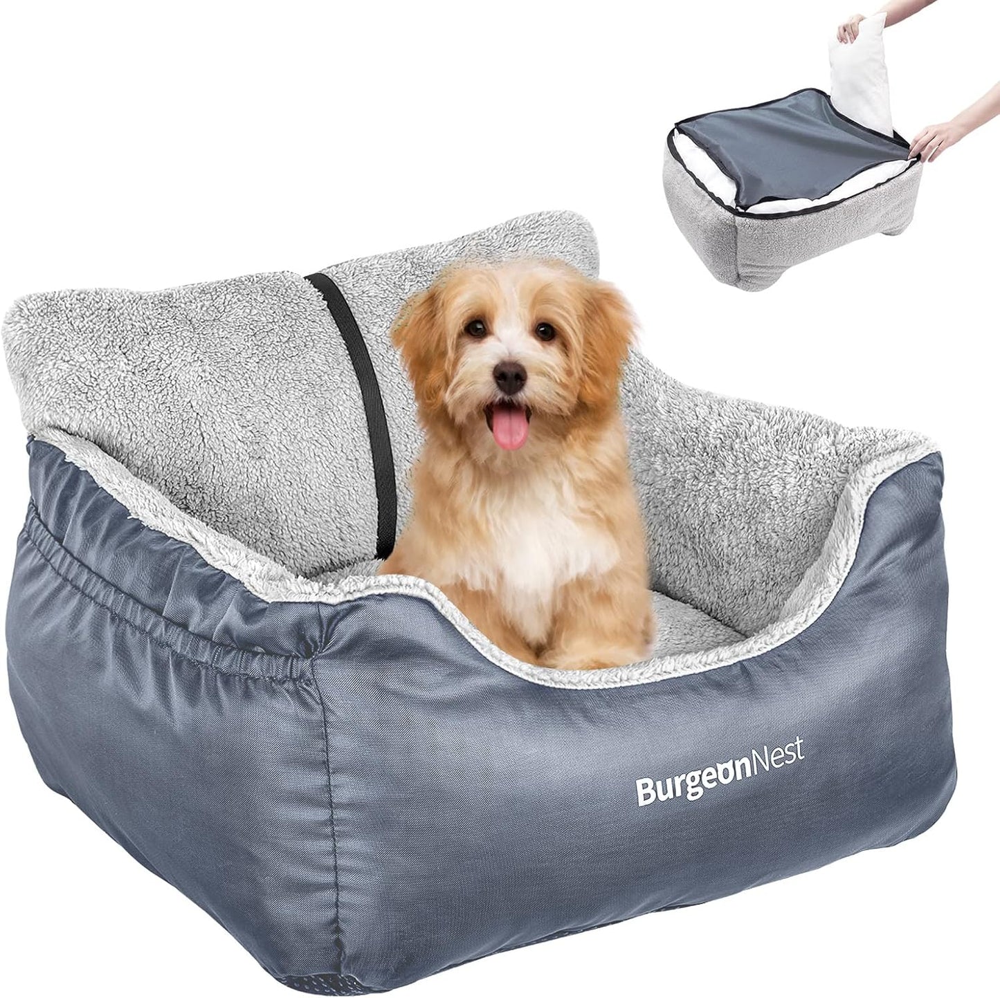 BurgeonNest Dog Car Seat for Small Dogs, Washable Soft Booster Seats for Small Pets Under 25 lbs, Portable Cat Carseat Travel Bed with Storage Pockets and Clip-On Leash, Grey