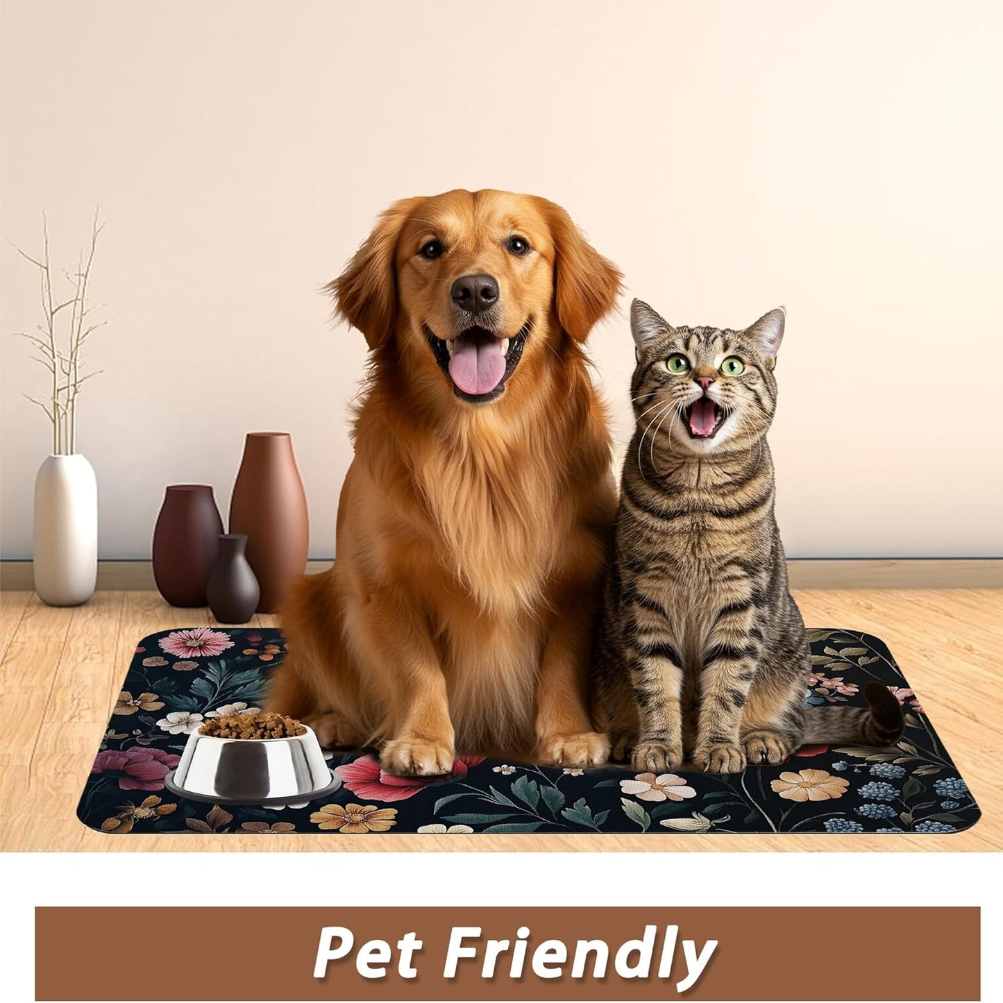 Floral Boho Dog Cat Food Mat,Pink Flower Vintage Absorbent Pet Feeding Mat with Rubber Backing,Non-Slip Water Bowl Placemat,Indoor Pet Accessories Supplies 12"x20"