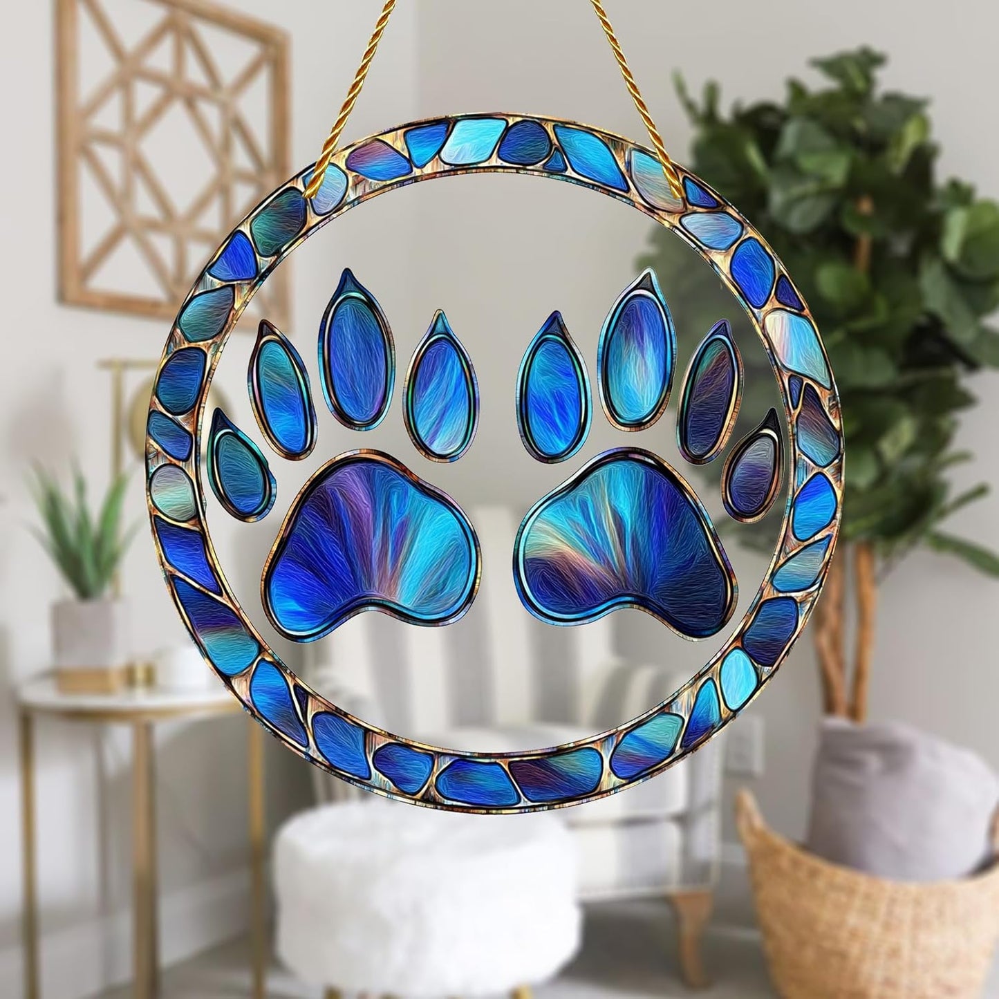 8x8 inch Charming Dog Paw Print Acrylic Stained Glass Window Hanging Sun Catcher Decor Stained Panel Hangings Wall Art Decor, for Friends and Family (Paw Print)