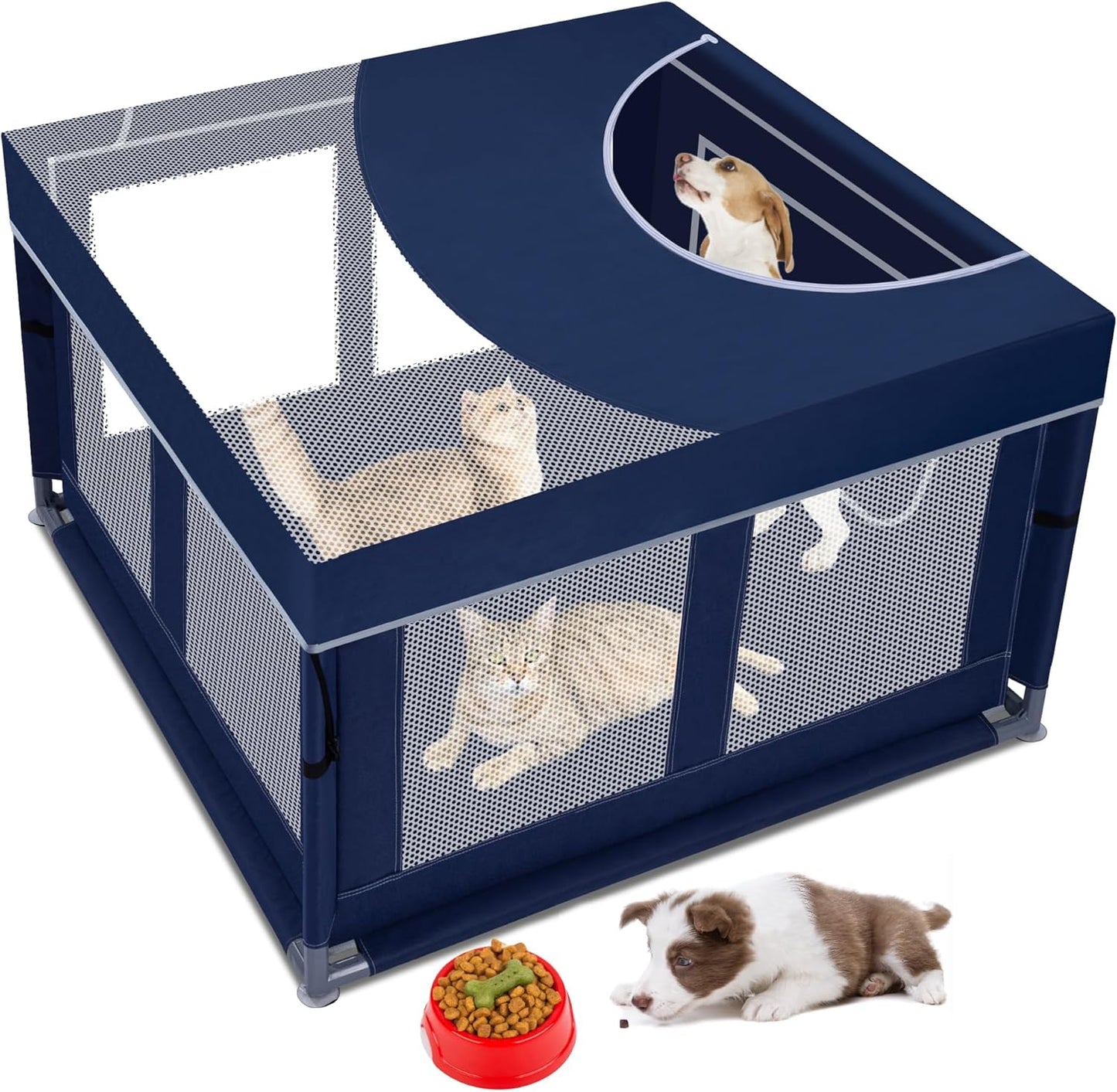 Dog Kitten Playpen with Play Pen Cover for Cat Indoor, 42x42 x25.5 Puppy Playpen for Small Pet with See-Through Topper Proof Enclosed Door Dog Pen, Sturdy Warm Protable Play Pen for Cat