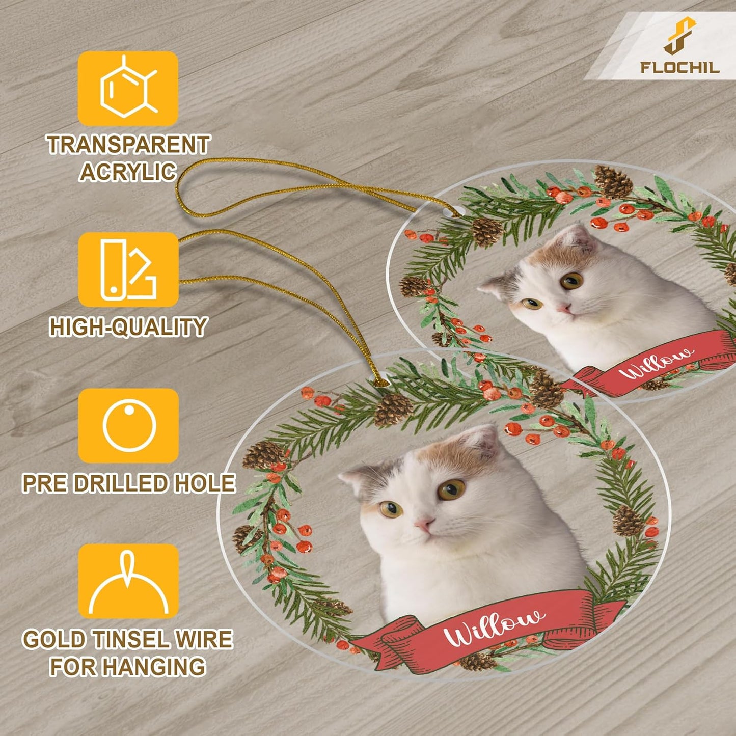 FLOCHIL Personalized Cat Christmas Ornaments Custom Photo Name for Christmas Trees, Cat First Christmas Ornaments, Gifts for Pet Lovers Acrylic Ornament