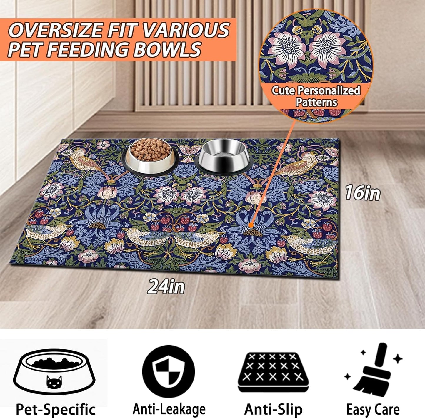 Pet Feeding Mat for Dogs and Cats - Super Absorbent Anti-Slip Bowl Pad, Eco-Friendly Washable Mat to Prevent Spills and Mess Retro Bird Mat 16"x24"