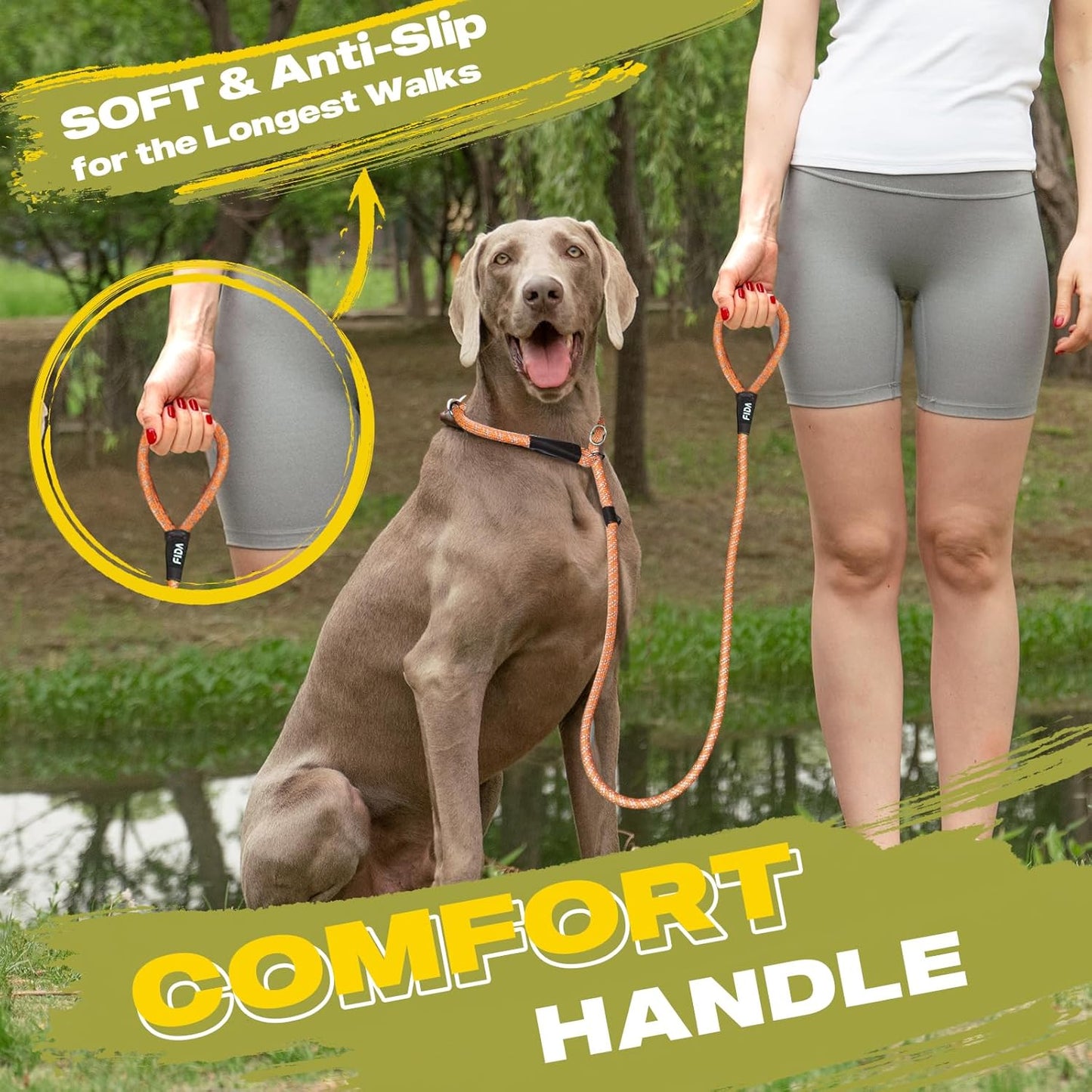 Fida Durable Slip Loop Lead for Large, Medium Dogs, 6 FT x 1/2" Heavy Duty, Comfortable Strong Rope, No Pull Pet Training Leash with Highly Reflective, Orange