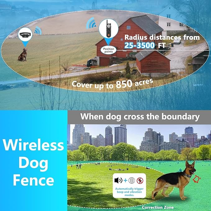 X3 Wireless Dog Fence No Buried Wire Needed, Large Dog Collar for 2 Dogs up to 130lbs, 3500FT Adjustable Boundary & 6100FT Remote, IPX7 Waterproof, 185 Days Battery, 3 Modes, Black