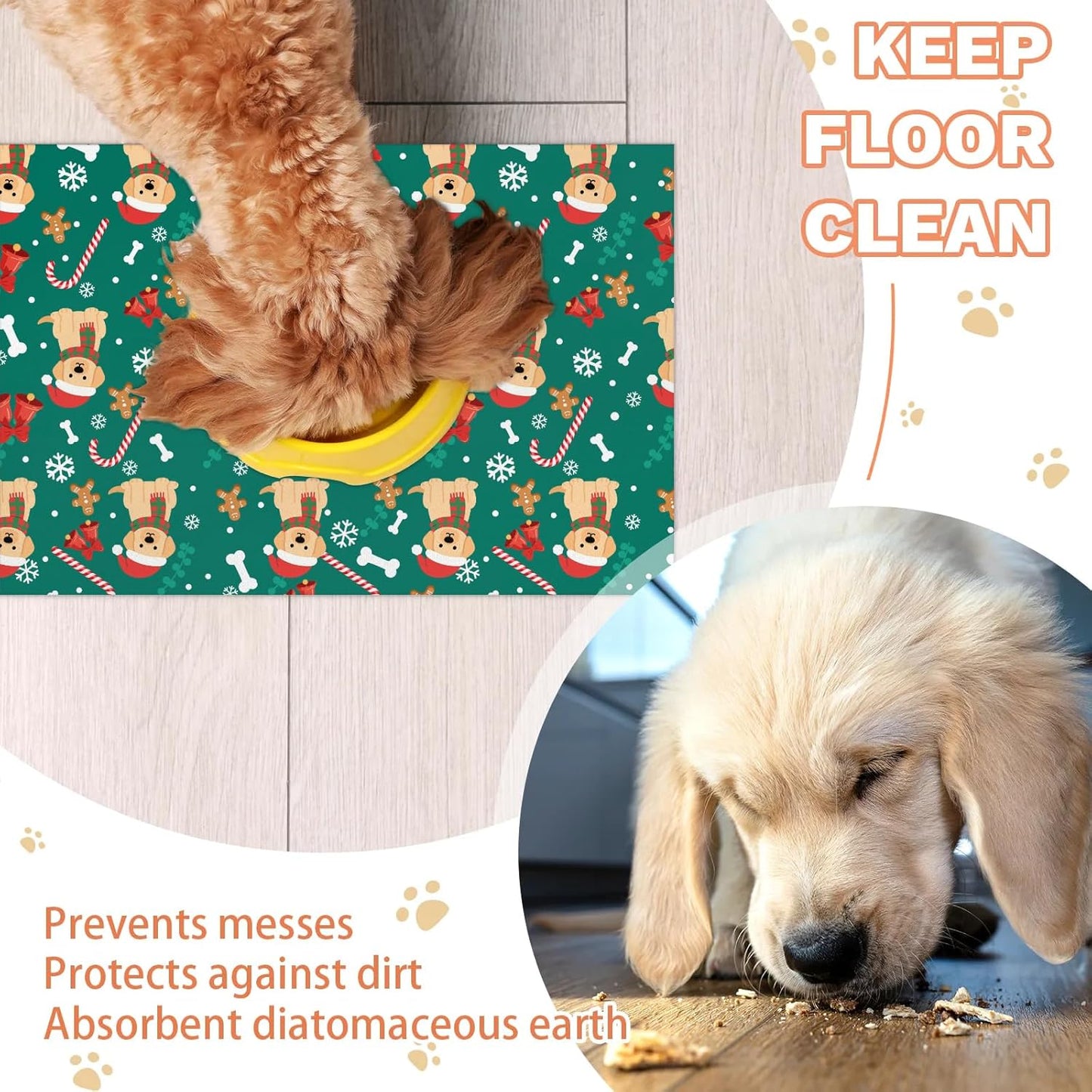 Dog Food Mat Absorbent Dog Cat Bowl Mat for Food and Water, Quick Dry Pet Feeding Placemats Non-Slip Feeding Mats Pet Supplies, Christmas Puppy, 24" x 32"