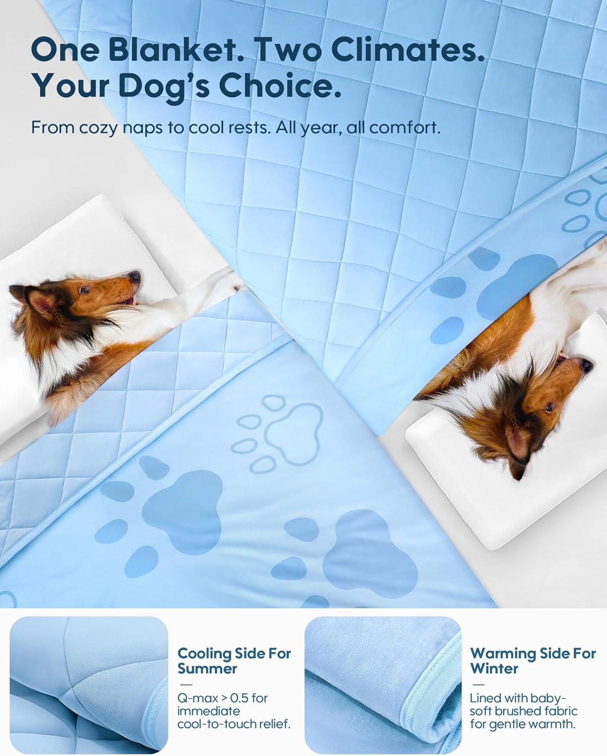 KASBAH Cooling Blanket for Dogs Waterproof Dog Blanket for Couch Bed Car Seat Washable Pet Blankets Reversible Design (Cool,Warm) Q-MAX>0.5 Dog Cooling Mat in 3 Sizes for Small, Medium & Large Dogs