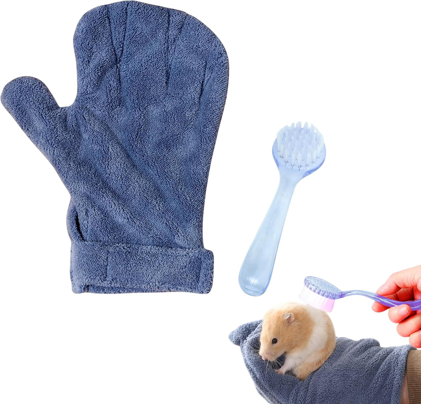 Hamster Calming Bite Proof Glove and Grooming Brush set, Brush for Hamster Cage, Hamsters Gloves, Calming Glove and Brush for Ferret Hedgehog Chinchilla Guinea Pig, Hamsters Care Kit (Dark Blue)