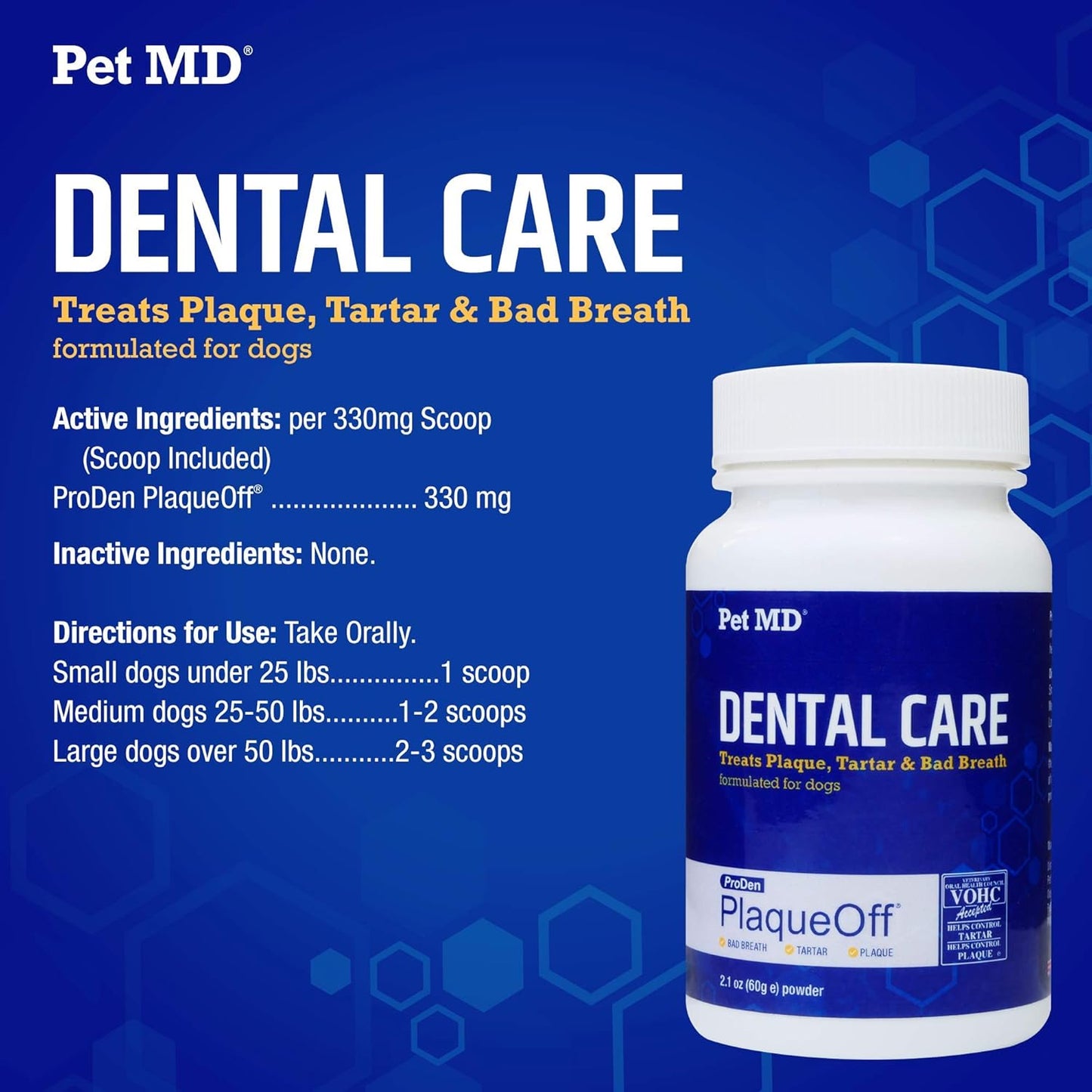Pet MD Proden PlaqueOff Dog Teeth Cleaning Dental Care Powder - Oral Care Supplement for Dogs - Reduce Bad Breath, Tartar, & Plaque - 60g