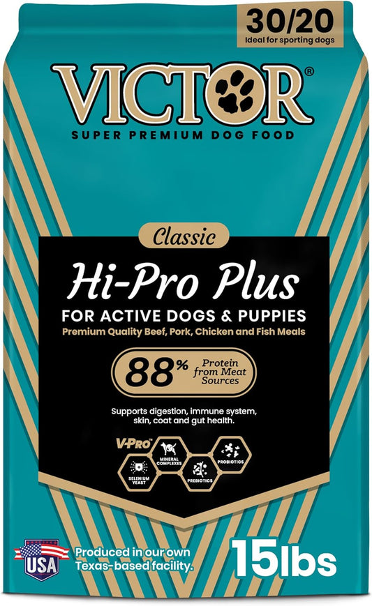 VICTOR Super Premium Dog Food – Hi-Pro Plus Dry Kibble – High Protein Dog Food with 30% Protein – Beef, Chicken, Pork, Fish Meals, Gluten Free - for High Energy and Active Dogs & Puppies, 15lbs