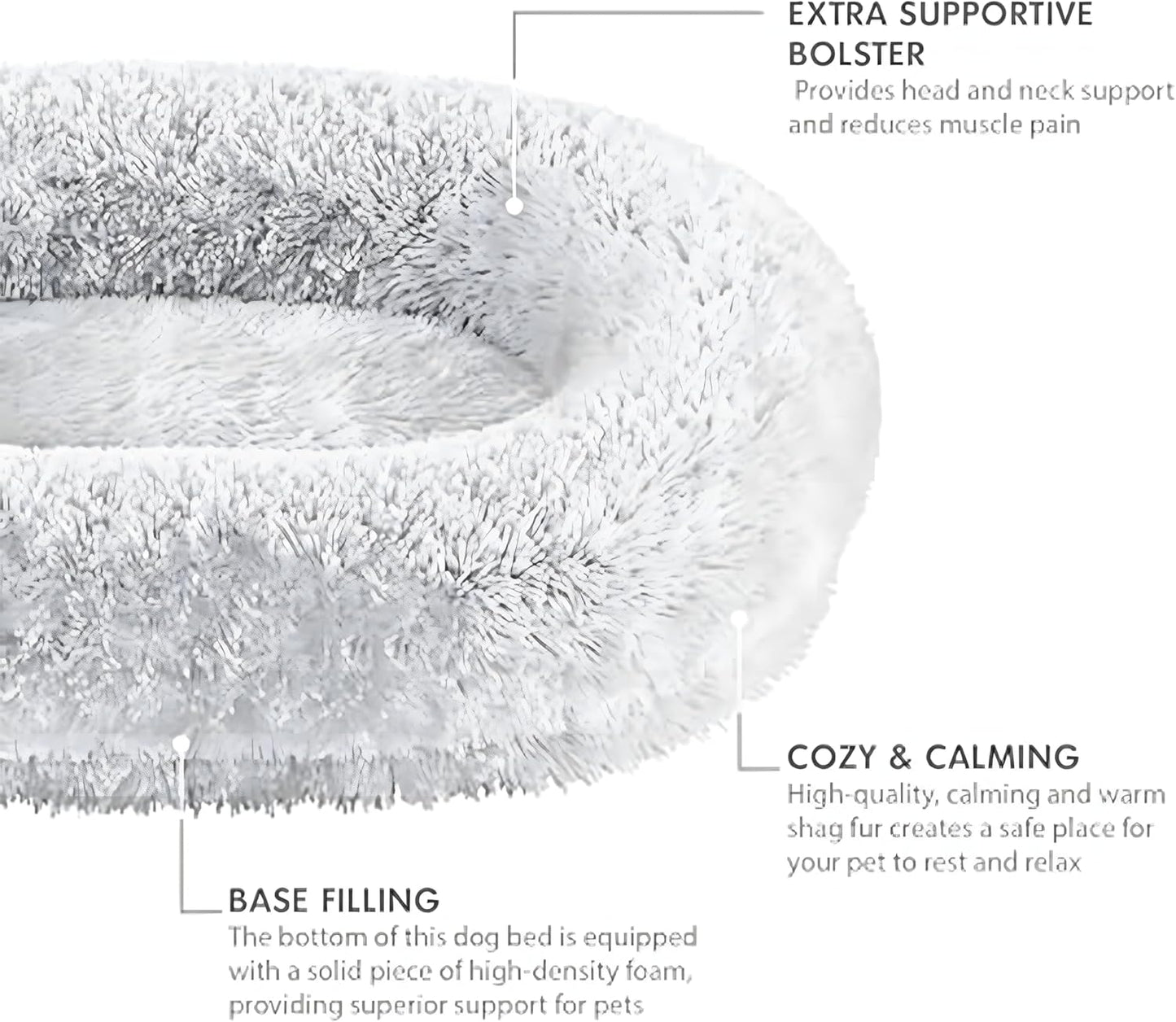 Orthopedic Calming Dog Bed for Large Dogs, Anti Anxiety Pet Beds with Supportive Foam, Removable Washable Oval Pets Couch, Fluffy Cuddle Bolster Cushion, Light Grey