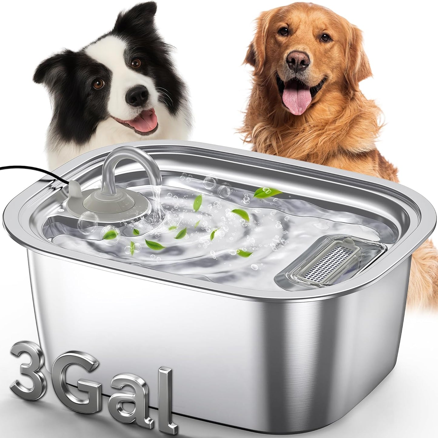 3 Gal Stainless Steel Dog Water Fountain for Large Dog, Pet Fountain Water Bowl Automatic Dispenser with Top Window & LED, Supet Quiet Pump for Multi Pet Home
