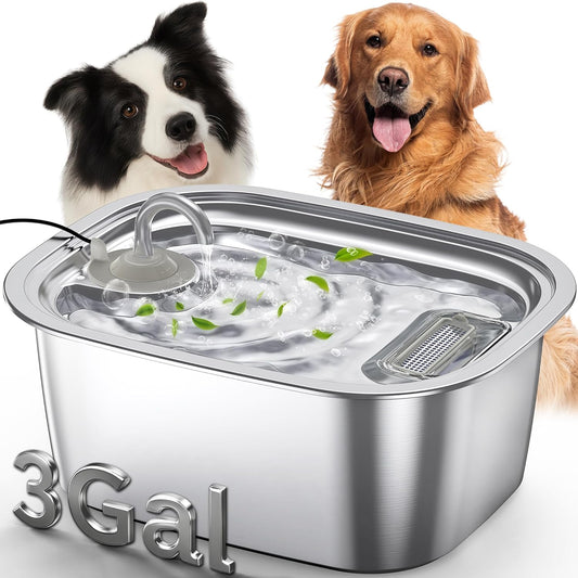 3 Gal Stainless Steel Dog Water Fountain for Large Dog, Pet Fountain Water Bowl Automatic Dispenser with Top Window & LED, Supet Quiet Pump for Multi Pet Home