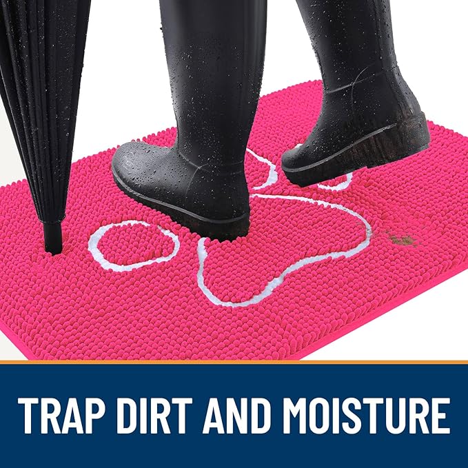 OLANLY Door Mat for Muddy Dog Paws 30x20, Ultra Absorbent Chenille Mud Doormat with Paw Print Design, Non-Slip Washable Doormat for Indoor Entryway, Quick-Dry Pet Bed Mats for Dirty Dogs, Hot Pink