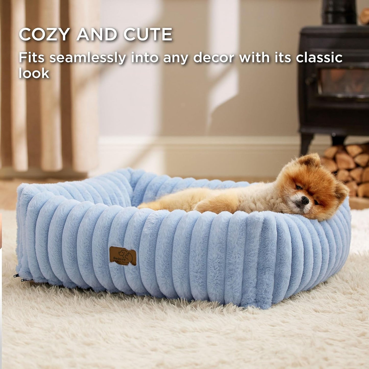 Bedsure Washable Dog Bed for Medium Dogs - Cute Furry Puppy Beds, Rectangle Orthopedic Corduroy Fleece Pet Beds with Removable Zipper Cover, 25x21x7inches, Blue