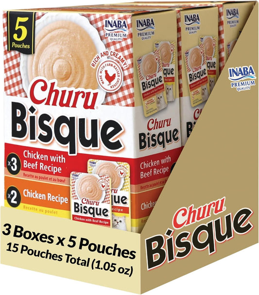 INABA Churu Bisque for Cats, Creamy Lickable Purée Side Dish with Vitamin E, 1 Ounce per Pouch, 15 Pouches, Chicken Variety Pack