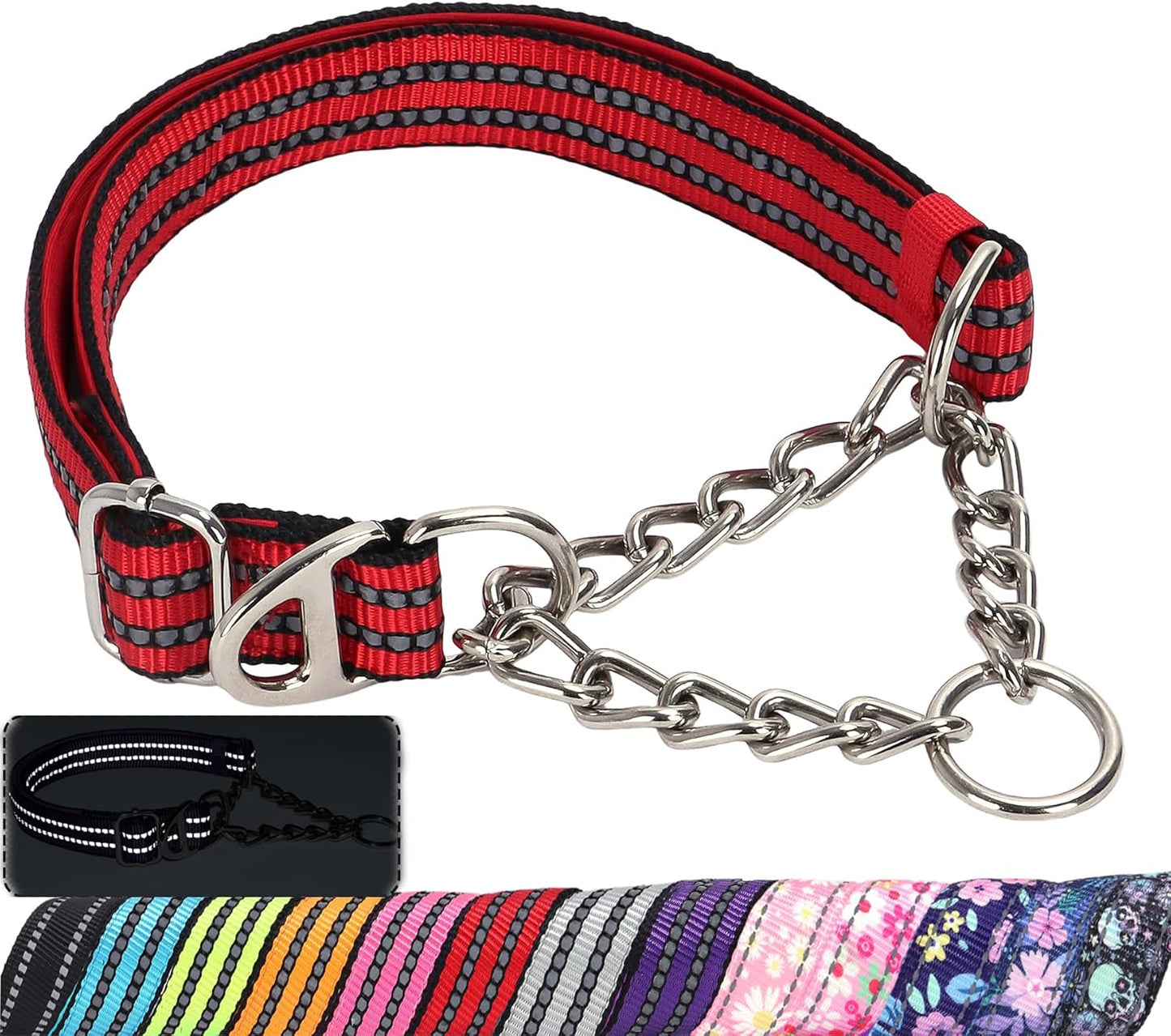 Martingale Dog Collar for Training,Adjustable No Pull Reflective Collar with Chain for Medium to Large Dogs Secure/Comfortable Walking Collar for Night Safety（Red L）