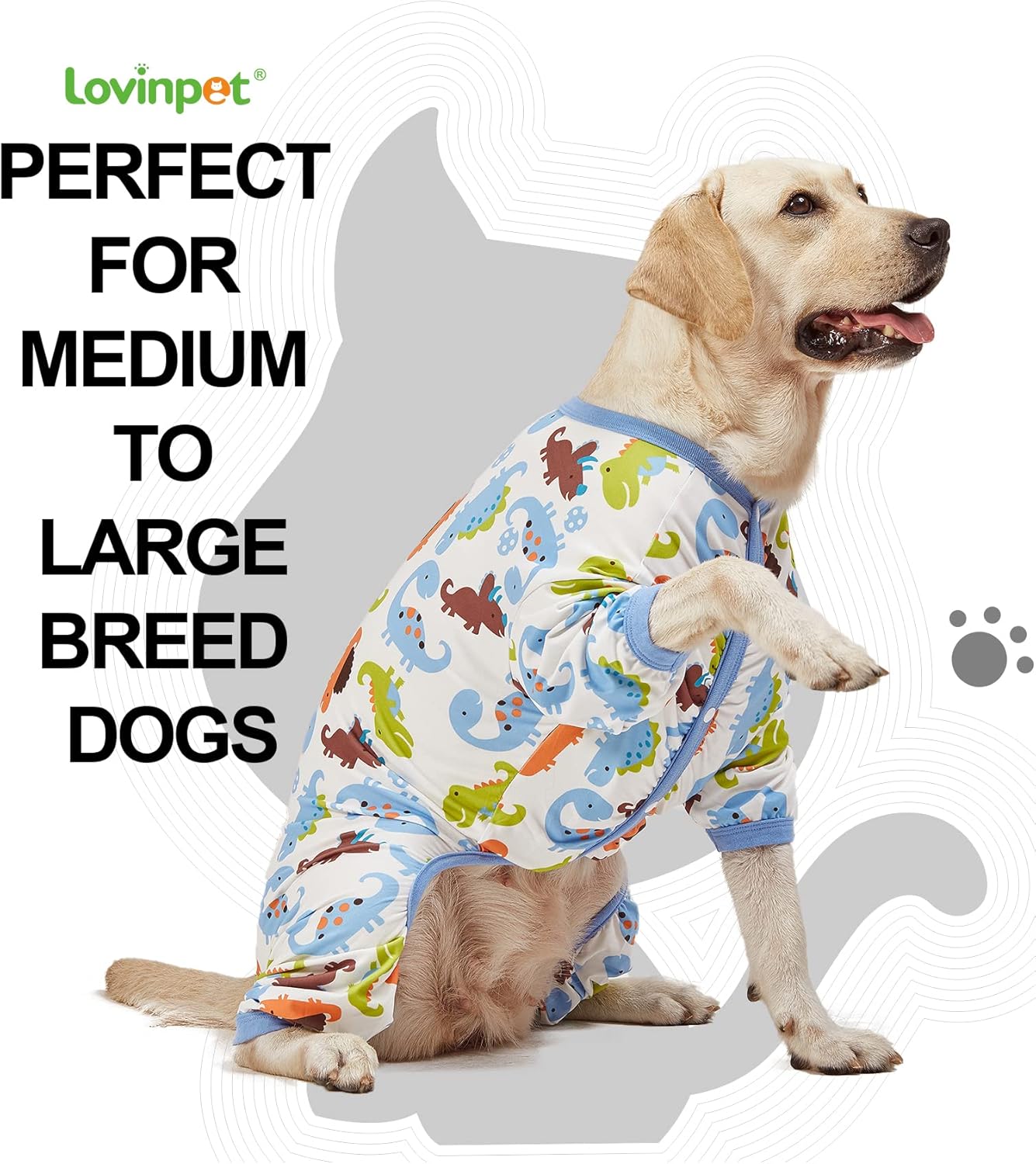 LovinPet Large Dog Pajamas, Dinosaur Print Style, UV Protection, Post Surgery, Anxiety Relief, Pet Pajamas for Dogs, Light Weight Big Dog Pullover, Full Coverage Pitbull Types PJ's, L