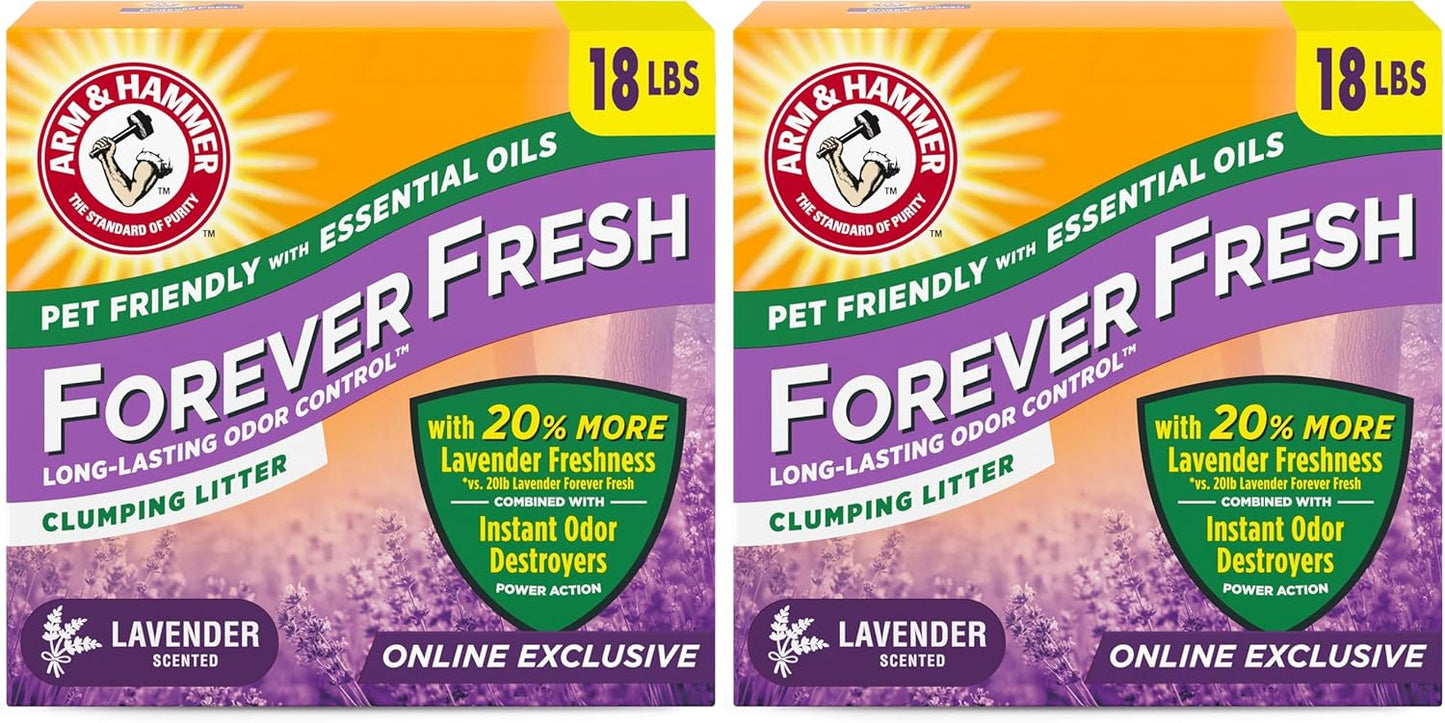 Arm & Hammer Forever Fresh Clumping Cat Litter Lavender, MultiCat 18lb with 20% More Lavender Freshness, Pet Friendly with Essential Oils (Pack of 2)