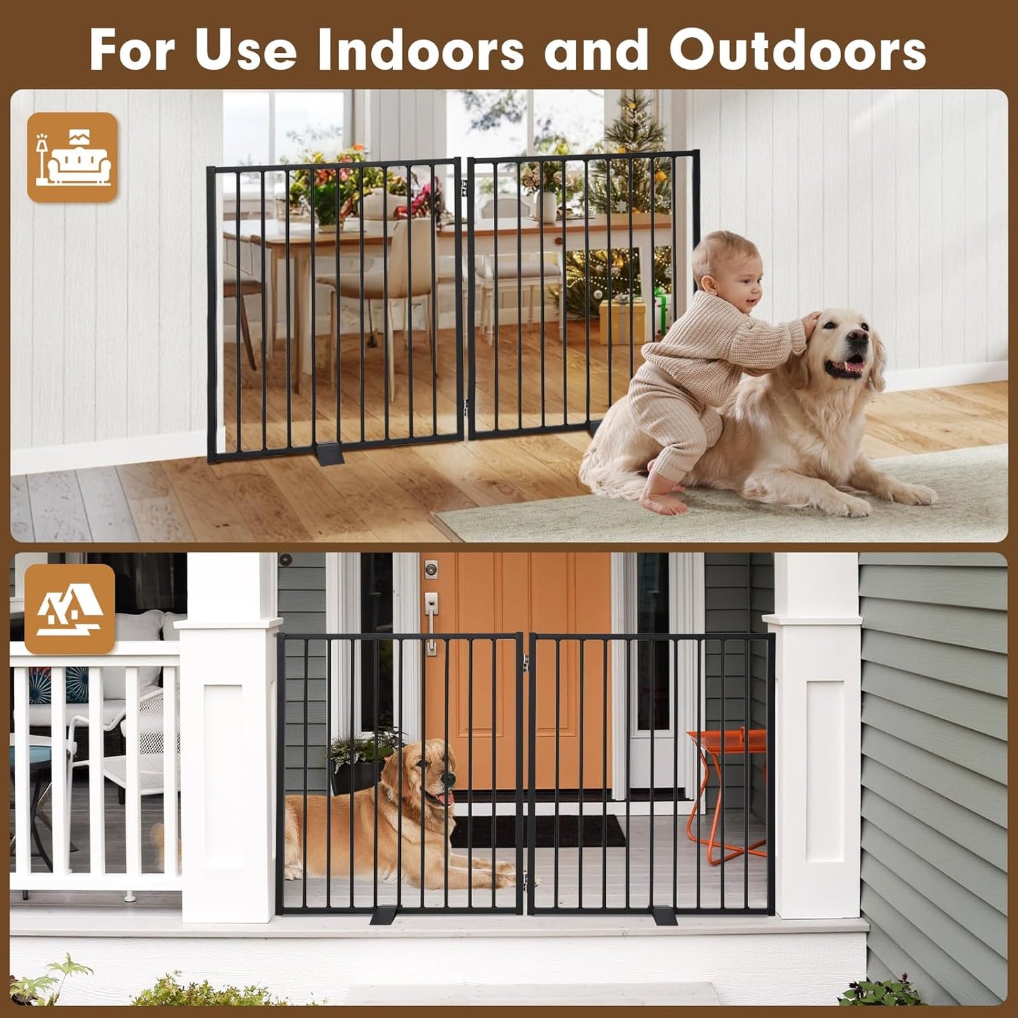 52" Dog Gate Extra Wide, Heavy Duty Metal Freestanding Dog Gate with Door for Indoor & Outdoor, Foldable Pet Fence for Stairs, Doorways,House,Porch,Deck,Yard, Auto Close(2 Panels,Black)