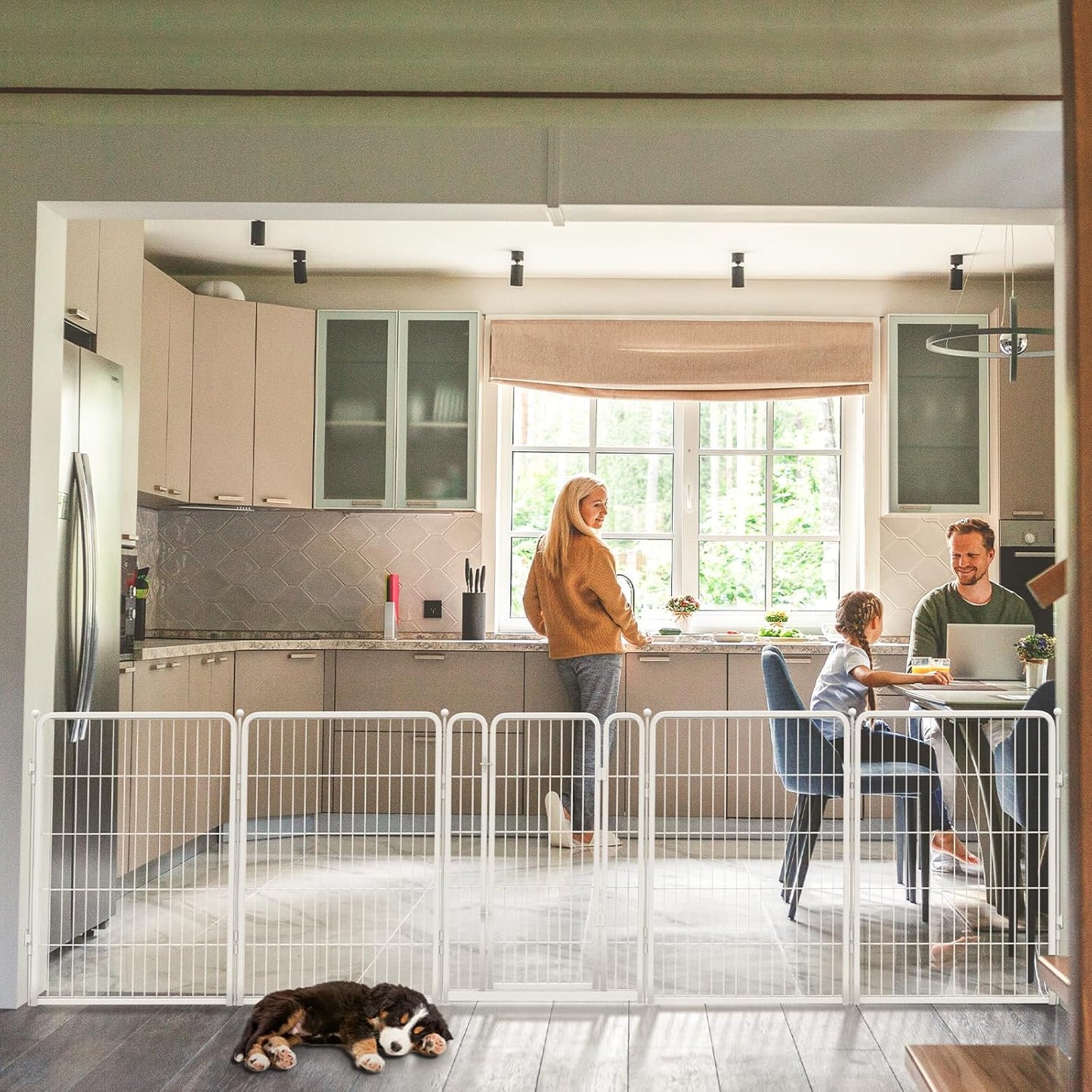 FXW Dog Gate Extra Wide Designed for Indoor Use, Adjustable Width Up to 165-inch Wide (40" H 6 Wire Panels for Medium and Large Dogs), White