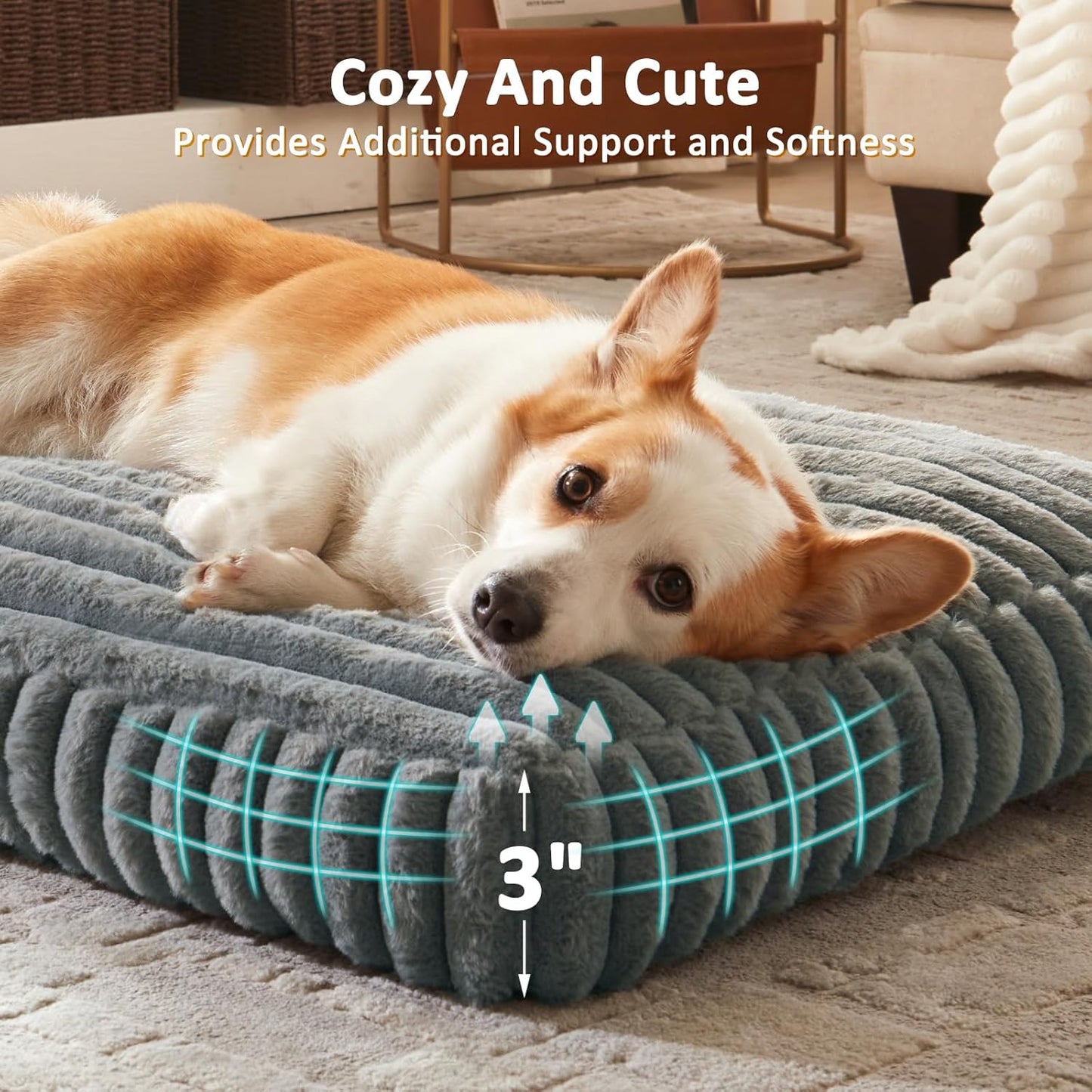 Dog Bed Medium Size Dog, Flat Pet Beds with Removable Washable Cover, Pet Mat Cute Crate Bed Thick Shredded Chopped Crate Foam & Anti Slip Bottom for Indoor, 29"x21"x3" Grey