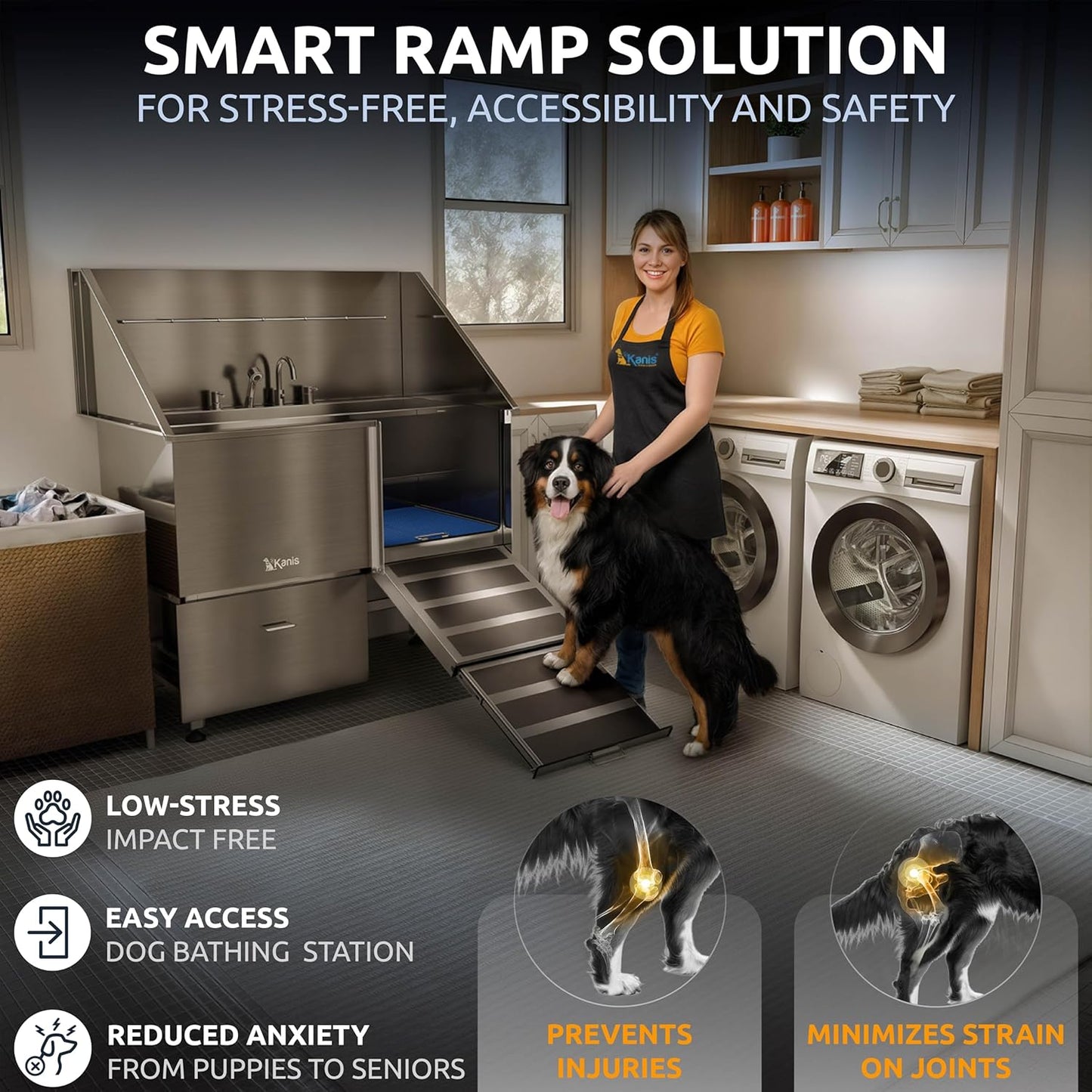 KANIS Professional Dog Washing Station - 304 Stainless Steel Pet Wash Sink & Grooming Bath Tub for Home with Ramp, Shower, Floor Grate, Storage Drawer, Faucet, Drain Kit for Large, Medium & Small Pets