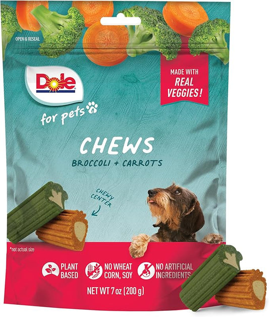 Dole for Pets Freshly Fetched Dog Chews, Assorted Broccoli & Carrot Flavor Treats - Flavored with Real Veggies, No Wheat, Corn, Soy, Artificial Flavors, Colors, or Preservatives, 7 Oz