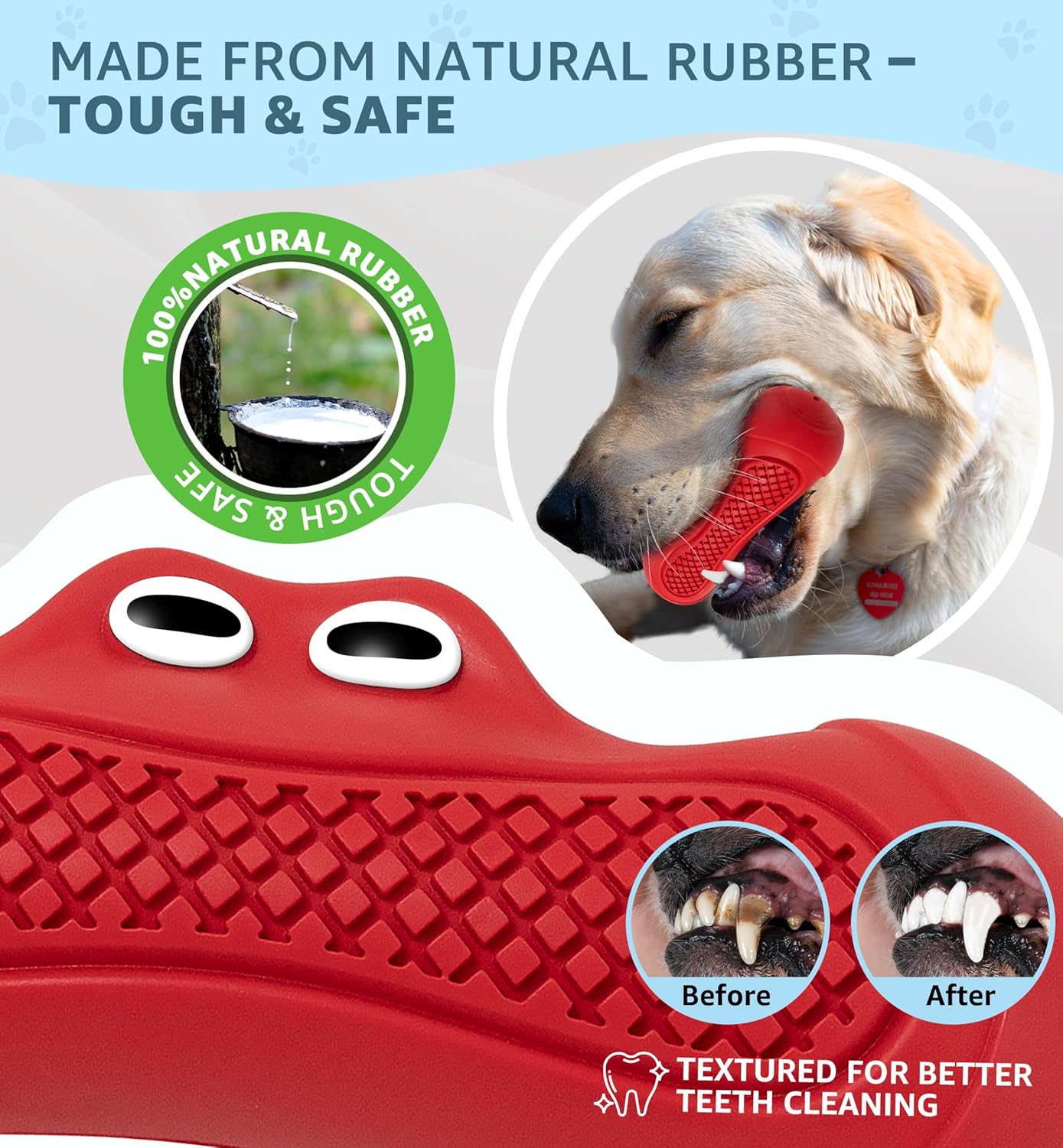 Durable Dog Chew Toy for Aggressive Chewers, Tough Natural Rubber Squeaky Dog Toy with Irresistible Beef Flavor, Dental Care, Teeth Cleaning & Boredom Relief for Medium & Large Dogs (Red)