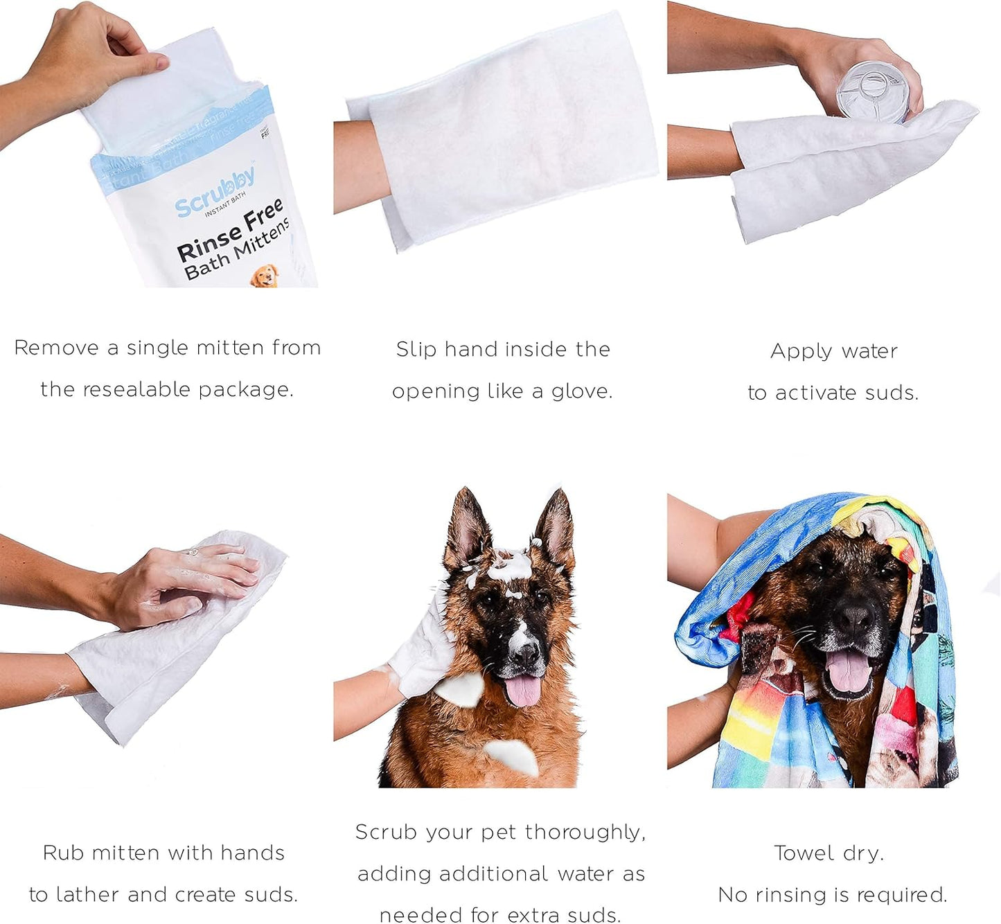 No Rinse Pet Wipes | Rinse Free Shampoo Mittens | Dogs & Cats | Bath Wipes - Bathing & Washing Pets, Hypoallergenic | No Rinse Wash Mitt | Grooming, Lather Wipe Dry - Pack of 15