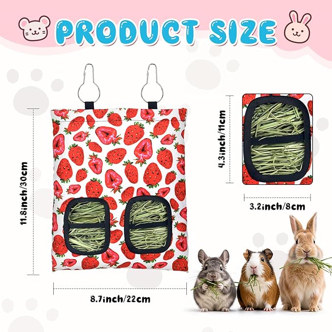 3 Pcs Rabbit Hay Feeder, 2-Hole Hanging Guinea Pig Hay Bags Washable Bunny Hay Bag for Rabbits, Chinchillas, Hamsters, Small Pets and Animals (11.8"×8.7")