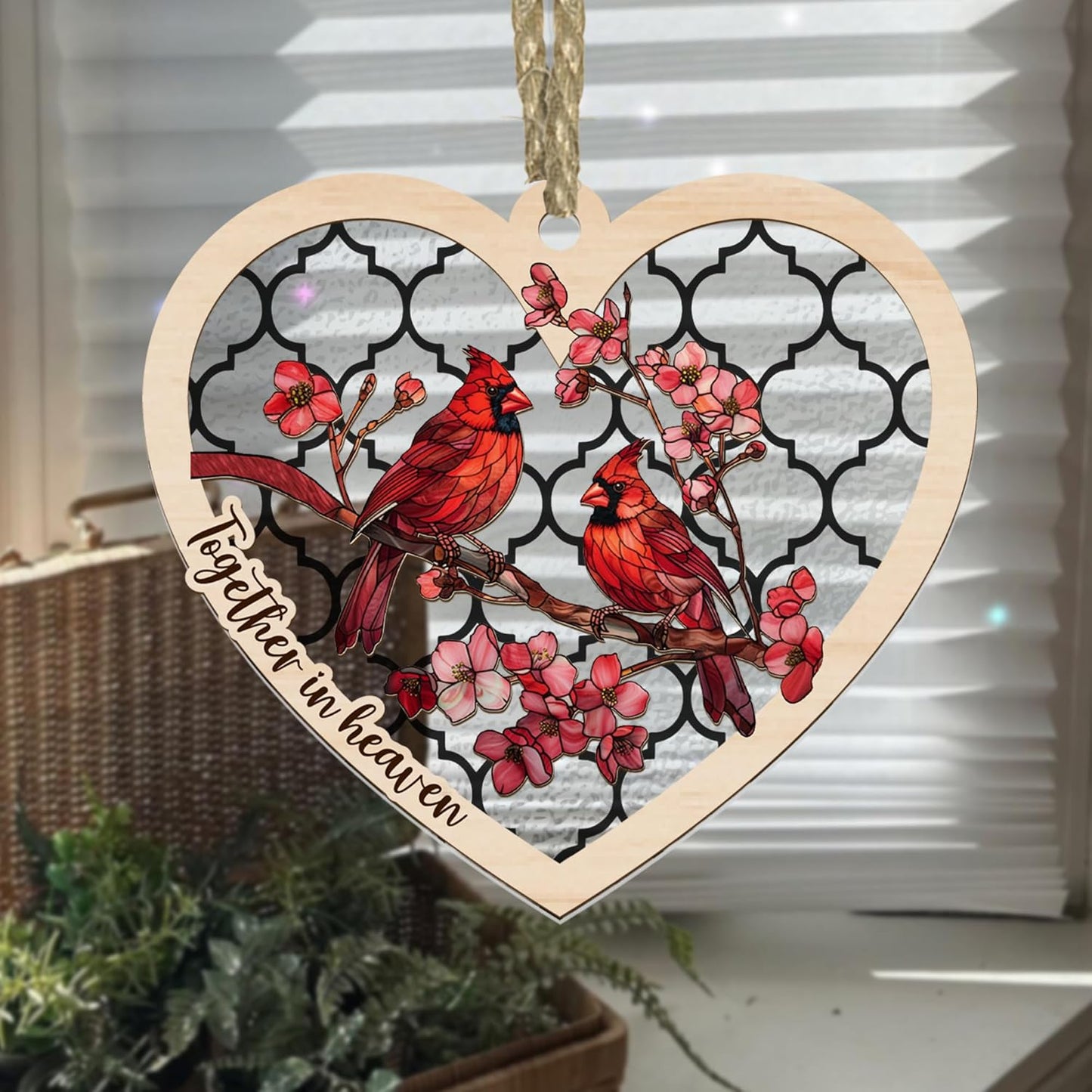 Personalized Cardinal Suncatcher Memorial Ornament – “Together in Heaven” Heart-Shaped Custom Remembrance Gift for Loss of Loved Ones – Stained Glass Cardinal Suncatchers for Windows or Car Display