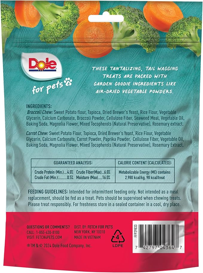 Dole for Pets Freshly Fetched Dog Chews, Assorted Broccoli & Carrot Flavor Treats - Flavored with Real Veggies, No Wheat, Corn, Soy, Artificial Flavors, Colors, or Preservatives, 7 Oz