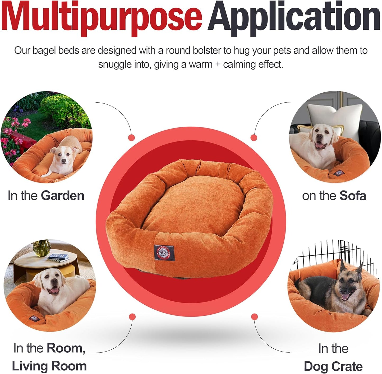 Majestic Pet 32 Inch Micro Velvet Calming Dog Bed Washable 32x23x7 (inch) – Cozy Soft Round Donut Dog Bed with Spine for Head Support - Pet Bed Medium – Orange