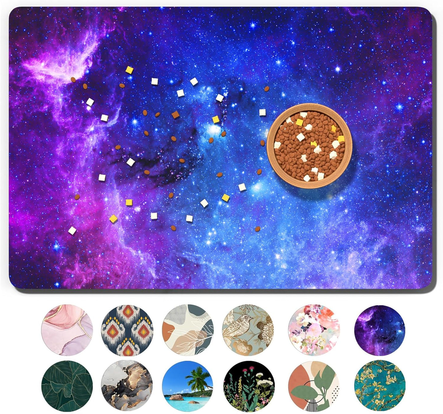 Dog Food Mat, 12" x 19" Nebula Absorbent Dog Cat Bowl Mat for Food and Water, Cute Anti-Slip Rubber Pet Feeding Rug Protect Floors, Placemat for Feeding & Watering Supplies, Blue Purple