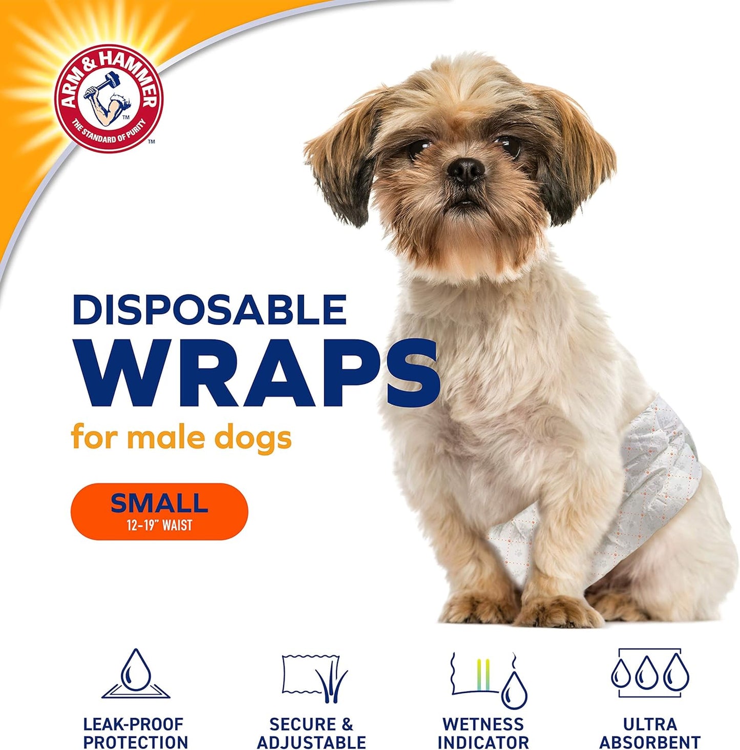 Arm & Hammer for Pets Male Dog Wraps, Size Small Ultra-Absorbent, Adjustable Male Dog Diapers with Leak-Proof Protection and Wetness Indicator | Baking Soda for Odor Control (Pack 6,72 Count Total)