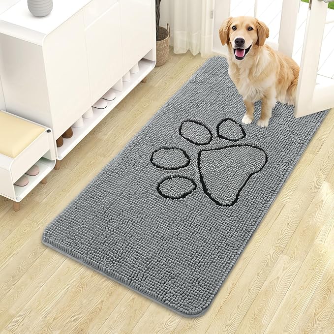 OLANLY Door Mat for Muddy Dog Paws 44x24, Ultra Absorbent Chenille Mud Doormat with Paw Print Design, Non-Slip Washable Doormat for Indoor Entryway, Quick-Dry Pet Bed Mats for Dirty Dogs, Grey