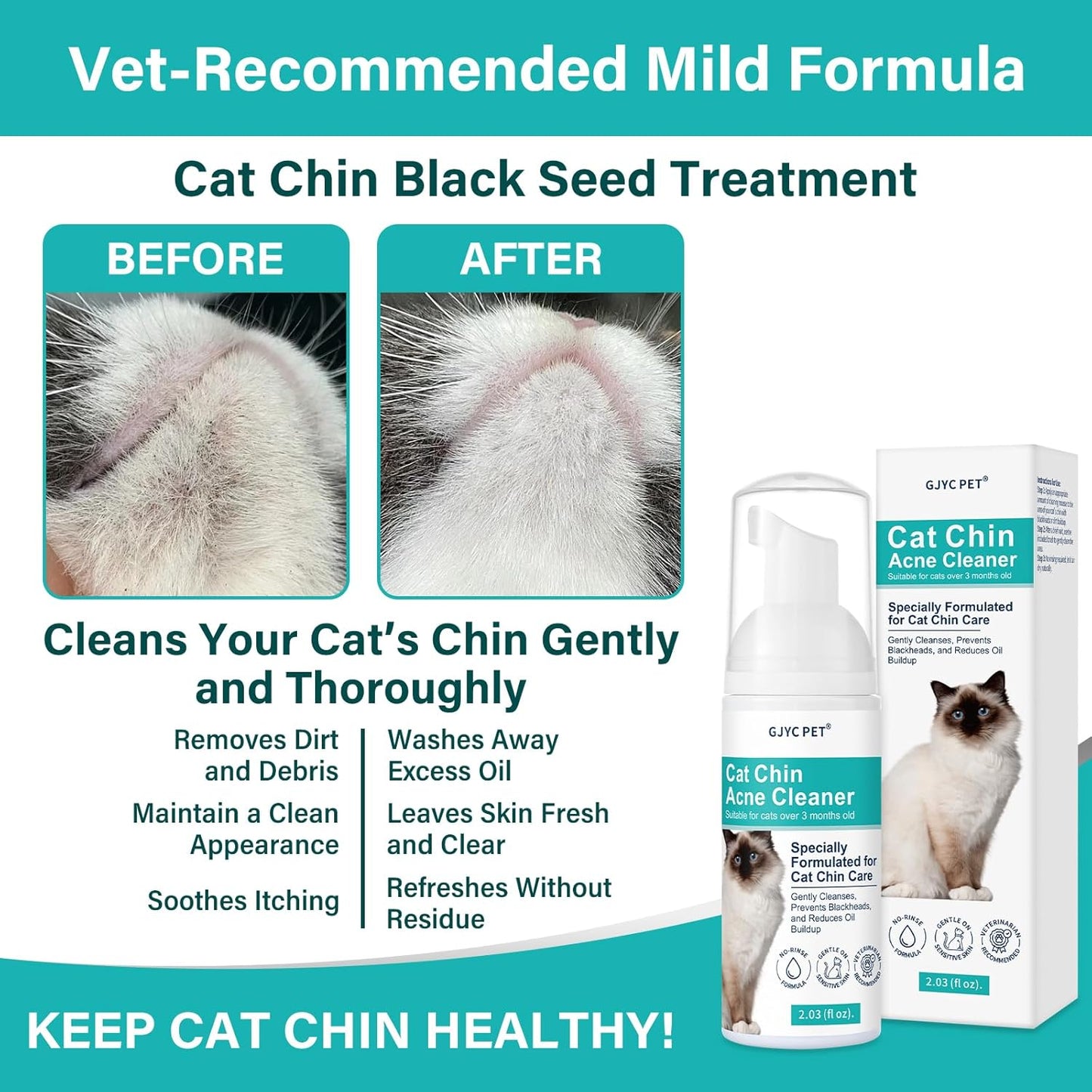 Cat Chin Acne Cleaner – No-Rinse Blackhead & Pimple Remover with Brush – Gentle Formula for Sensitive Feline Skin, Oil & Debris Control, 2.03 fl oz
