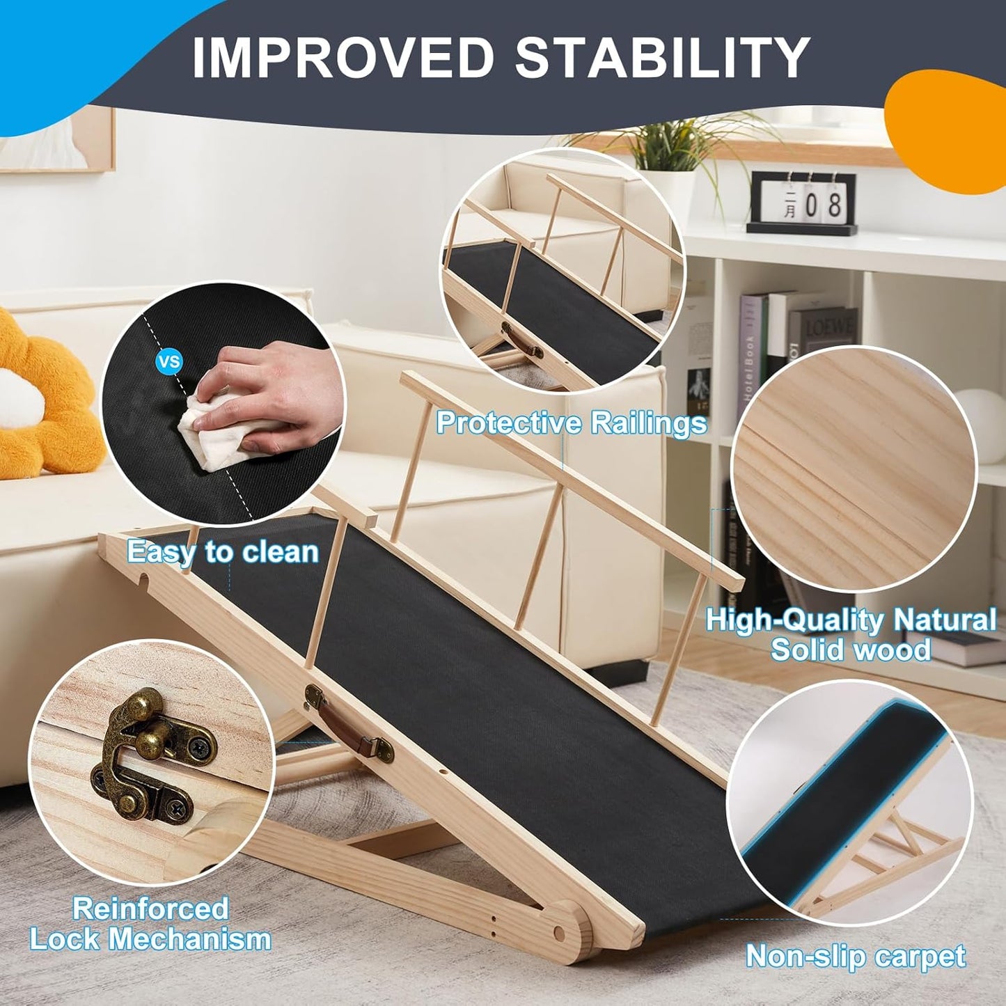 Dog Ramp for Bed and Couch, 5 Height Adjustable Solid Wood Pet Ramp for Small, Medium & Large Dogs, Collapsible Anti-Slip Dog Ramp for Sofa, Couch & Beds(Wood, 115)