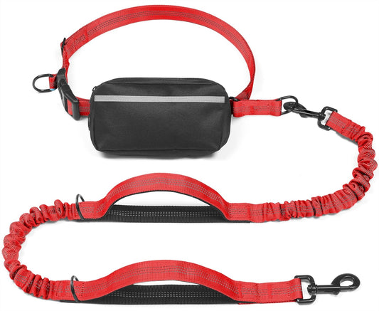 iYoShop Hands Free Dog Leash with Zipper Pouch, Dual Padded Handles and Durable Bungee for Walking, Jogging and Running Your Dog (Medium, 8-25 lbs, Red)