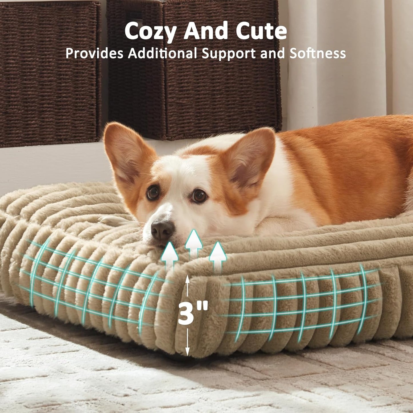 Dog Bed Medium Size Dog, Flat Pet Beds with Removable Washable Cover, Pet Mat Cute Crate Bed Thick Shredded Chopped Crate Foam & Anti Slip Bottom for Indoor, 29"x21"x3" Beige