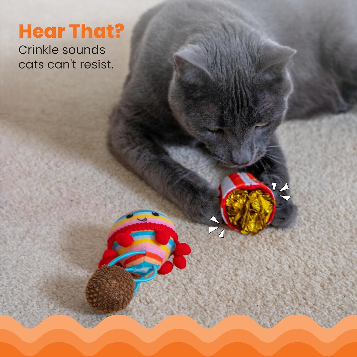 Catstages Pawrty Cat Toys, 3-Pack Catnip Plush Toys with Crinkle, Feathers & Flinger, Multicolored
