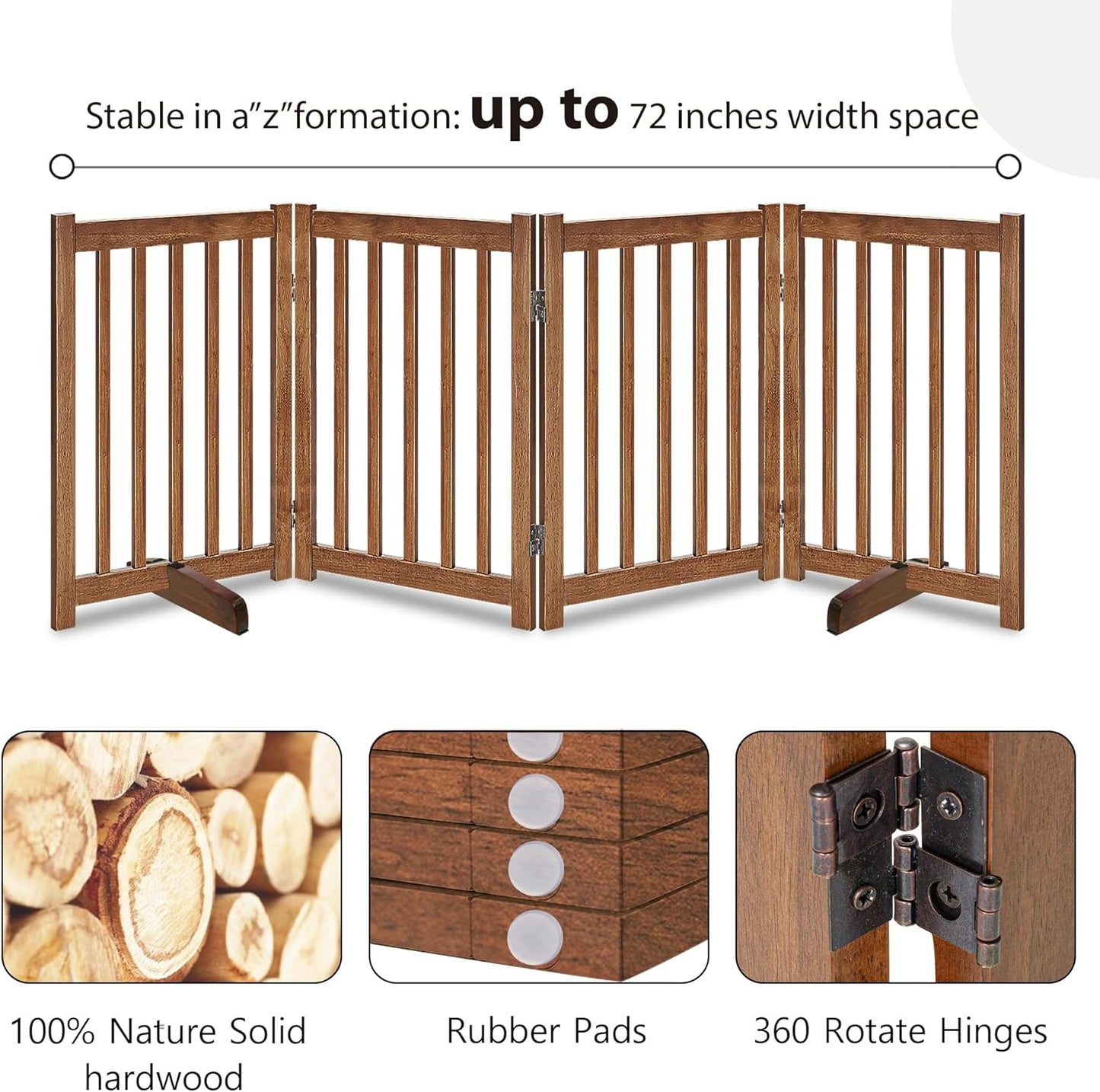 LZRS Solid Hardwood Freestanding Pet Gate,Wooden Dog Gates Indoor for Doorways,Nature Wood Dog Gates for The House,Stairs,Safety Fence,Oak,30" Height-4 Panels