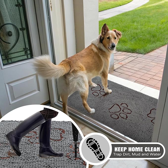 EXPAWLORER Dog Door Mat - Highly Absorbent Microfiber Dog Rug, Soft Chenille Non-Slip Large Pet Paw Cleaning Washable Mud Mat for Indoor Outdoor Floor, Grey