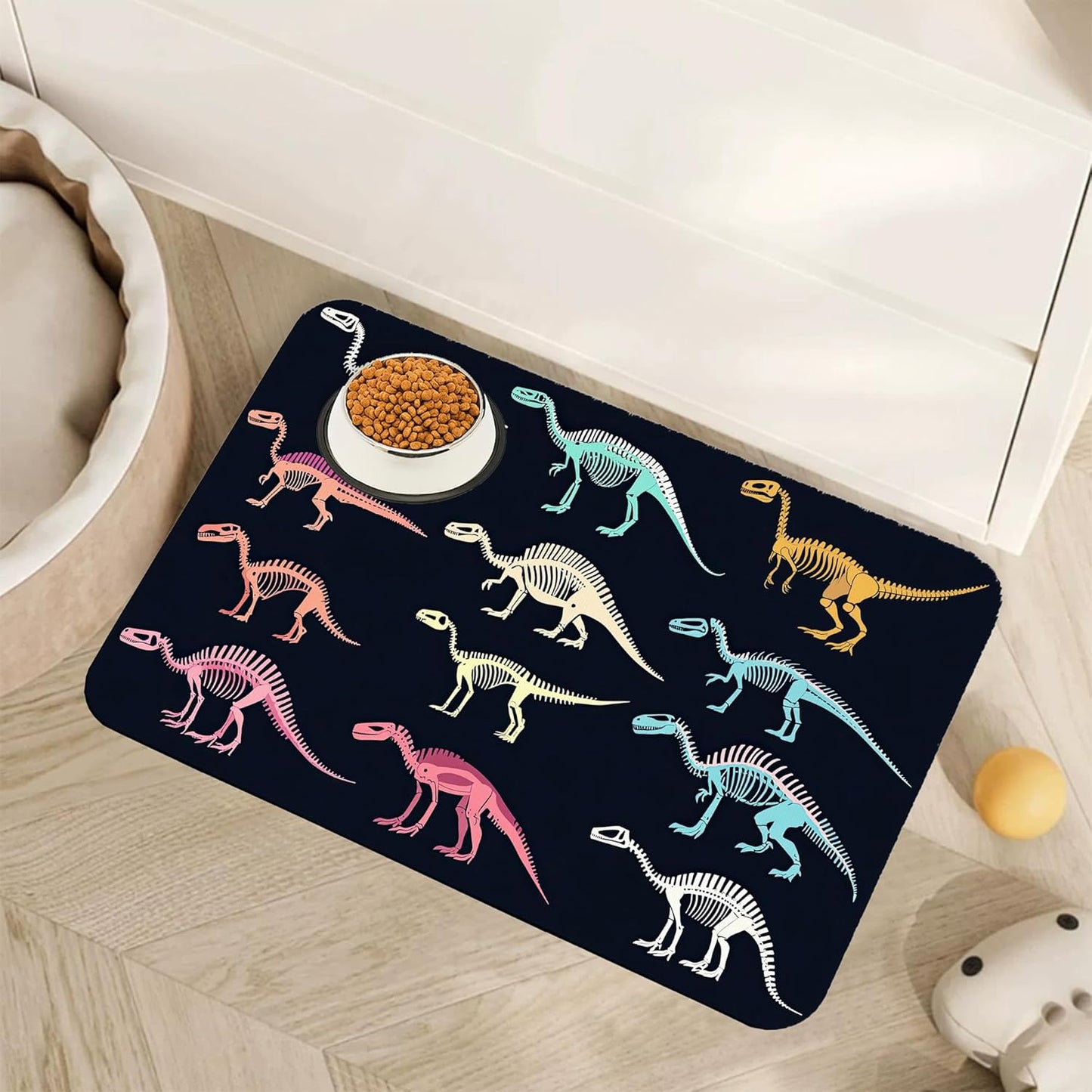 Dinosaur Skeleton Dog Cat Food Mat,Vintage Color Absorbent Pet Feeding Mat with Rubber Backing,Non-Slip Water Bowl Placemat,Indoor Pet Accessories Supplies 12"x20"